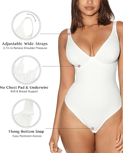 Miniatura 5 de FeelinGirl Faja moldeadora para mujer, con control de abdomen, cuello en V profundo, tanga, moldeador de cuerpo