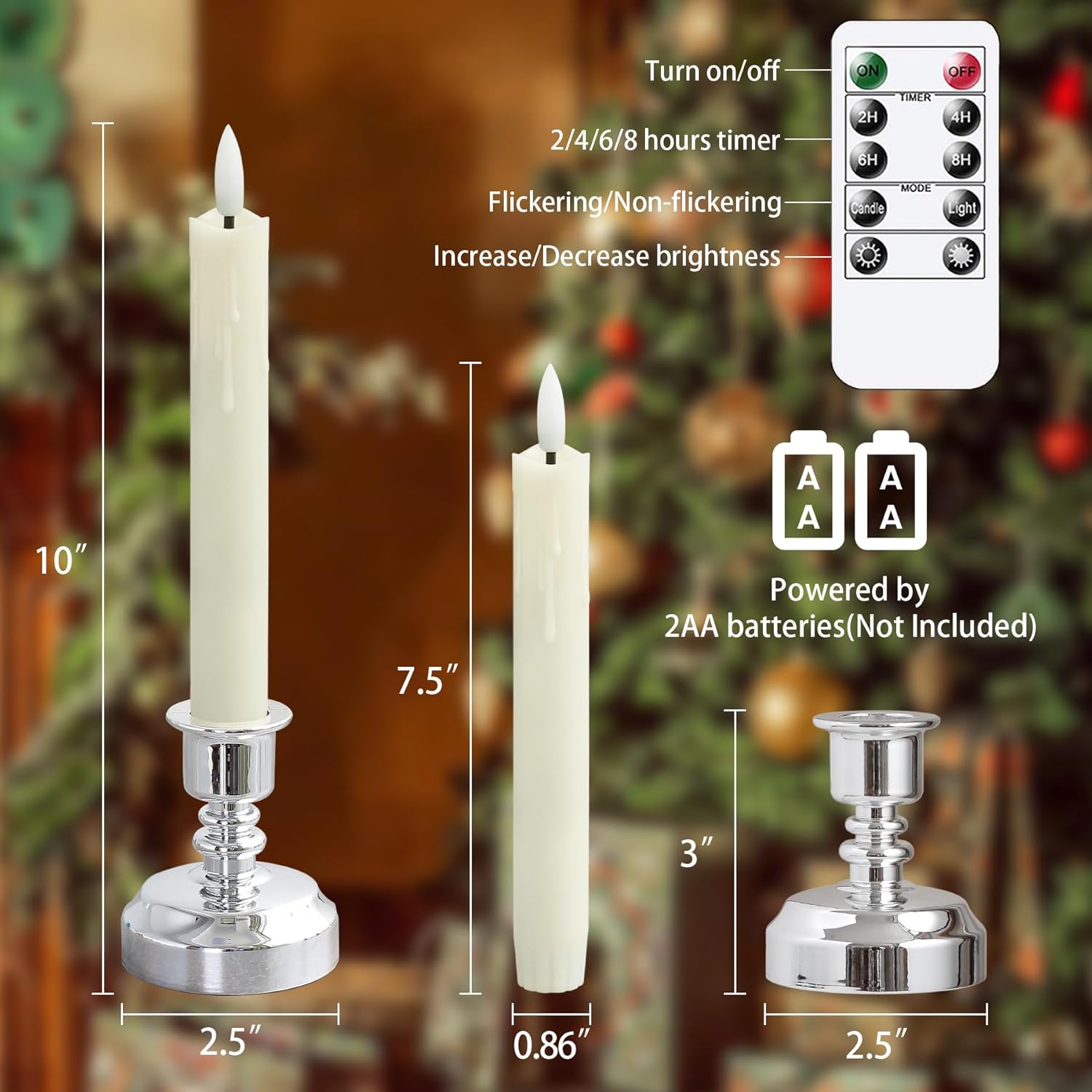 LED Window Candles with Holders and Remote Controls, Ivory Flameless Battery Operated Fake Taper Pack of 6 Candles with Timer Function (Silver Holder)