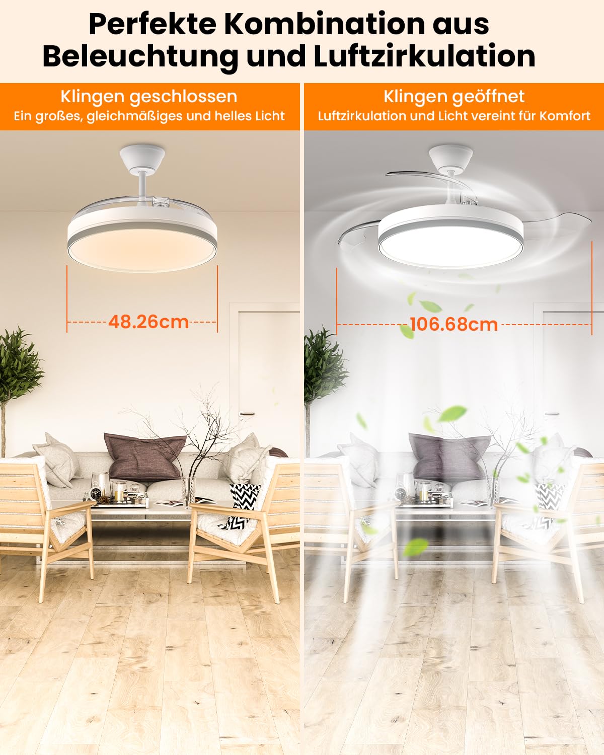 Airwit 106cm Einziehbares Deckenventilator mit Beleuchtung und Fernbedienung, 3 Farbtemperaturen Lampe mit Ventilator, Leise Deckenventilator mit Licht DC Motor für Wohnzimmer, Schlafzimmer