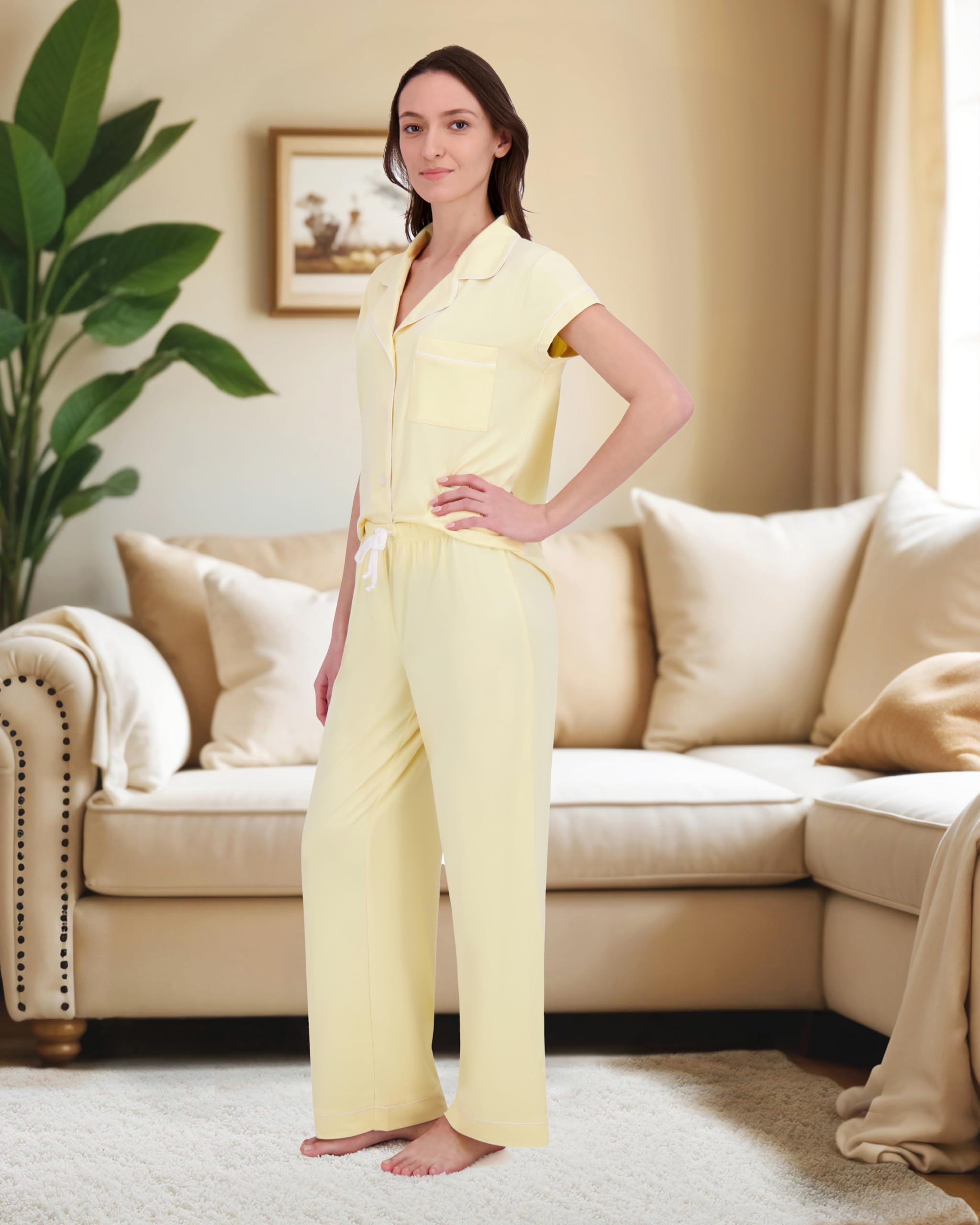 Rachel Zoe Yellow Pajamas for Women, Jersey Soft PJS, Womens Button Down Pajama Sets, Ladies Sleepwear (Yellow, X-Large)
