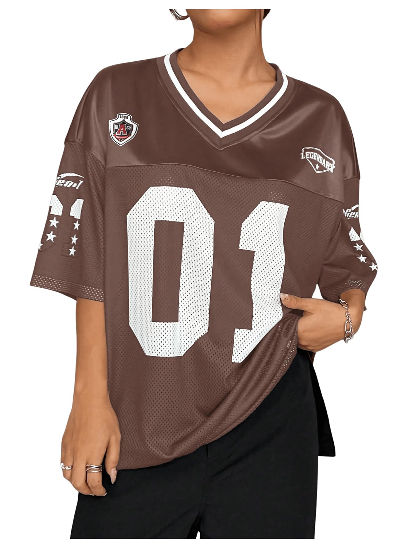 WDIRARA Women's Plus Size Football Jersey Shirts Oversized T Shirt Graphic Letter Print V Neck Short Sleeve Streetwear Top