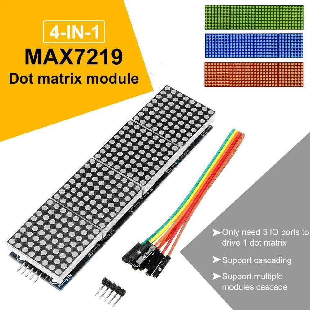 Diagram illustrating the 4-in-1 MAX7219 dot matrix module, showing input/output pins and cascading support.