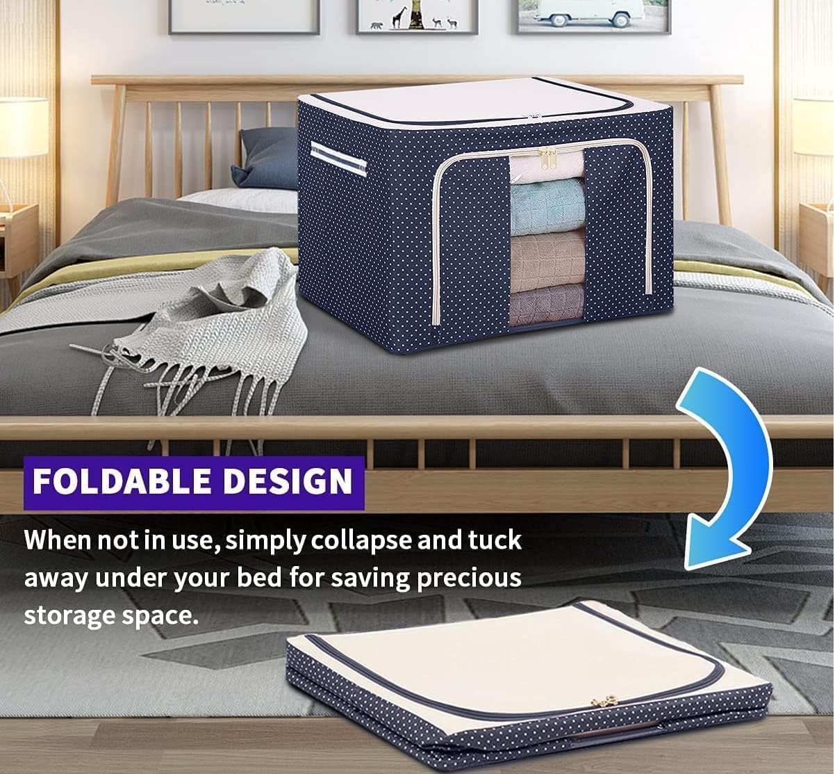 66 Ltr storage bag Foldable Steel Frame Cloths Zip Organizer Bag and Oxford Fabric Storage Living Cover Boxes For Wardrobe Organizer Shelves Clothes, Sarees, Bed Sheet, Blanket (Pack of 1)