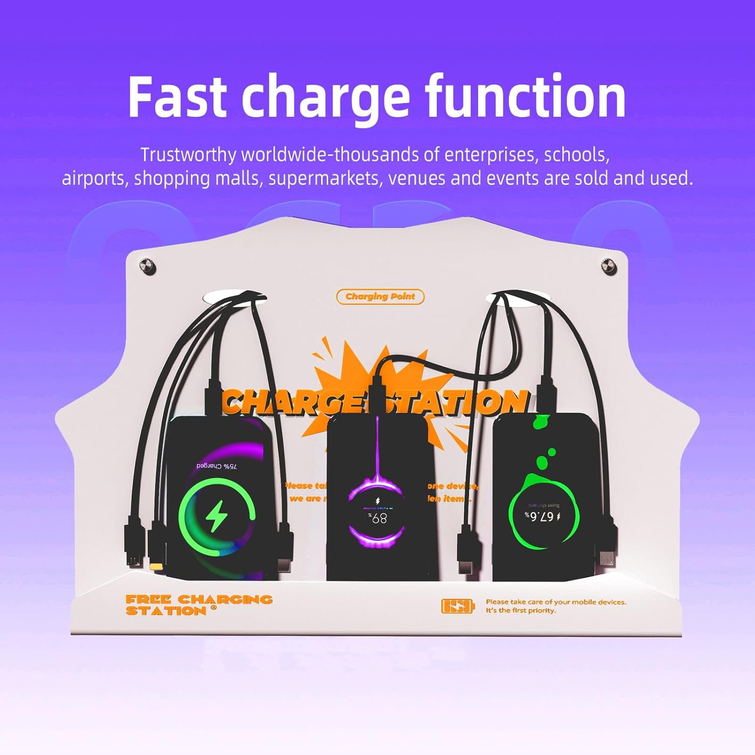 Wall Mounted Cell Phone Charging Station with 8-Port High-Speed Cables – Universal Dock for Apple, Type-C & Android Devices – Ideal for Airports, Hotels, Malls, Offices, Schools (White)