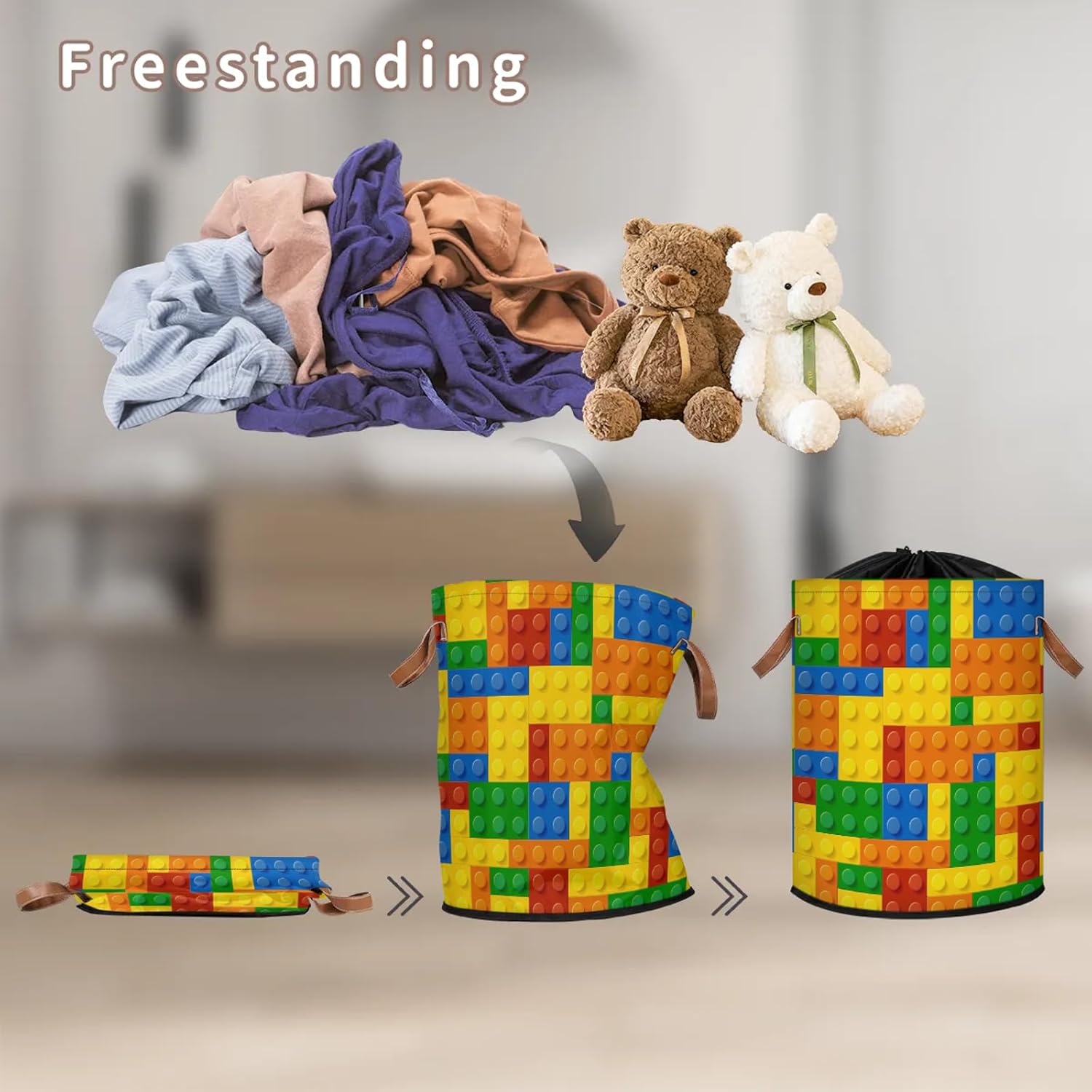 Colorful Kids Laundry Basket Foldable Storage Basket Building Block Dirty Laundry Hampers,Clothes Toy Storage Bins for Kids,Boys,Girls,Nursery,Closet,Bedroom,Laundry Room,15.6"W x 19.5"H - Image 3