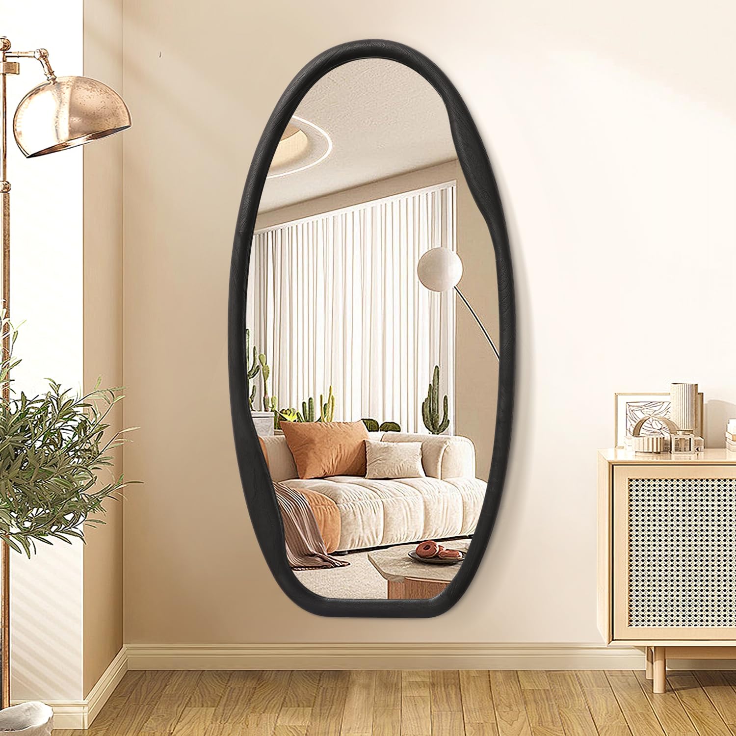 JJUUYOU Irregular Wall Mirror Black Wood Frame Mirrors for Wall 100x50 cm Large Asymmetrical Hanging Mirror Modern Horizontal or Vertical Mirrors for Living Room Bathroom Entryway Bedroom Farmhouse