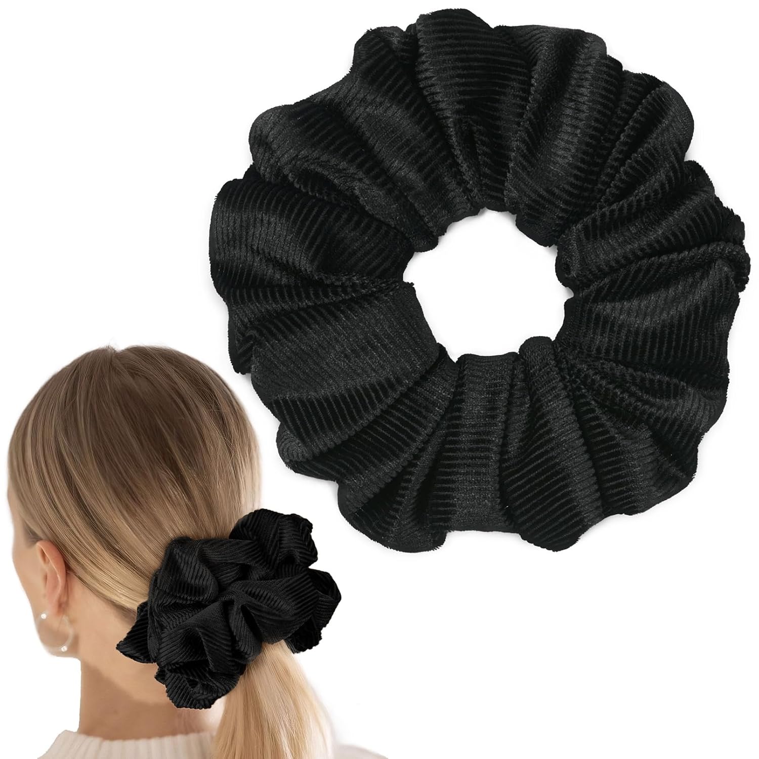 Black Jumbo Corduroy Scrunchie for Thick Curly Hair