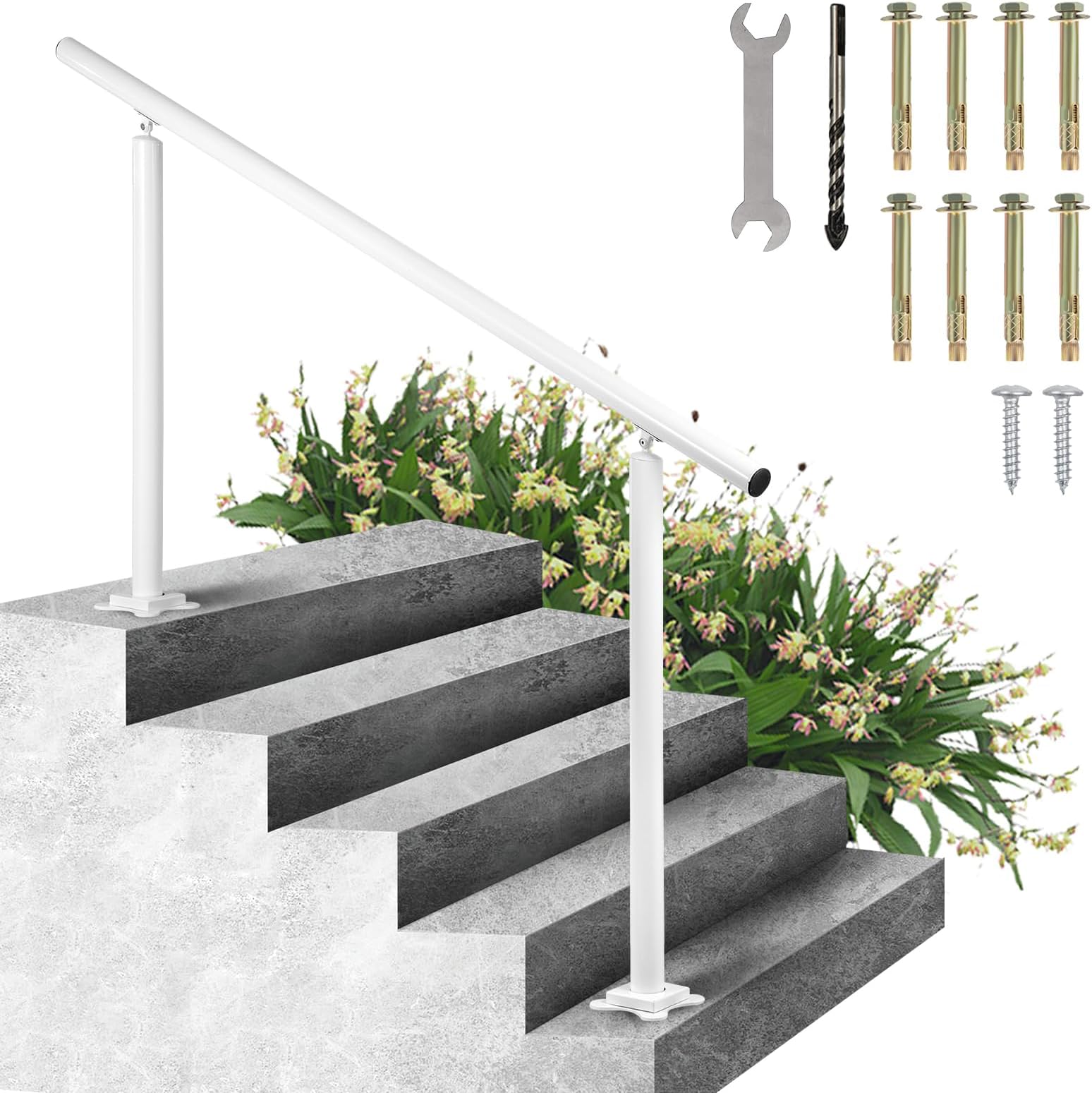 – Vevor Aluminium Stair Railing, Outside Railing, House Entrance Railing, Adjustable Angle Stair Handrail, Indoor & Outdoor Stairs for The Elderly (5 Ft, White)
