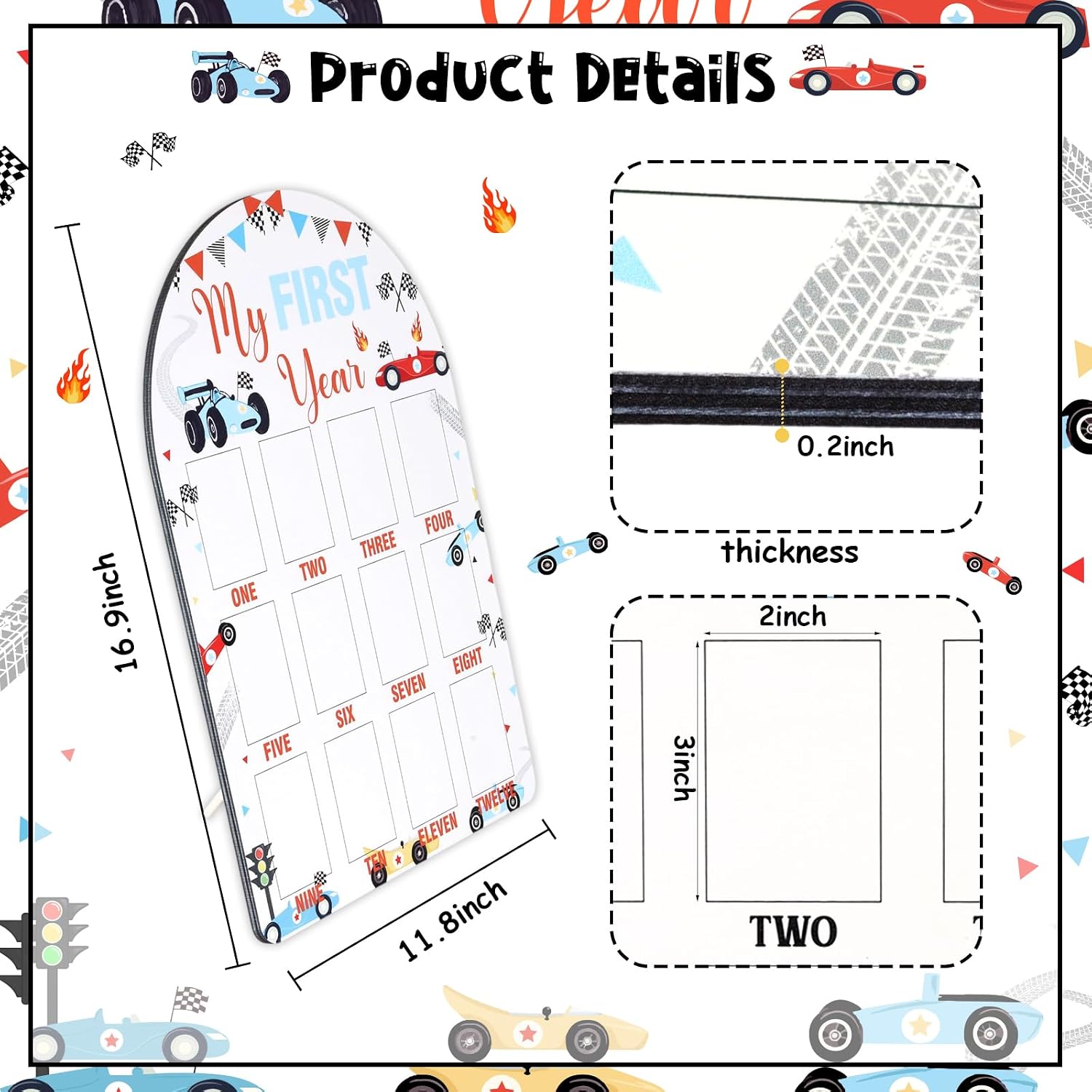 Race Car My First Year Photo Frame Board, 12 x 17 Inch Baby's First Year Birthday Wooden Picture Frame, Newborn 12 Months Milestone Picture Memories Display Board, Gifts for 1st Birthday Nursery Keepsake Decorations