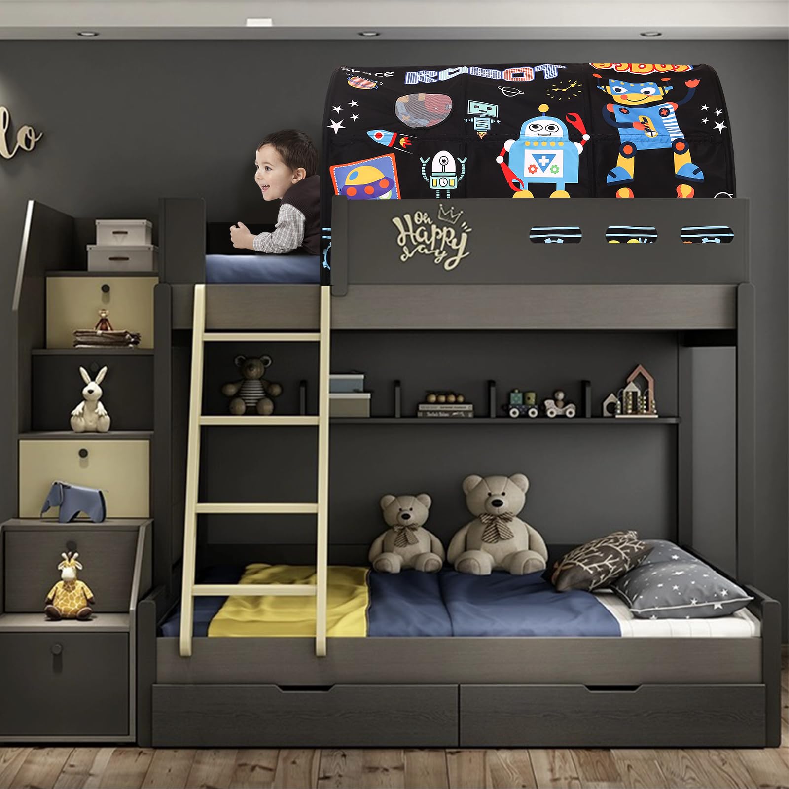 Kinderbettzelt für Einzelbetten – Cartoon-Motive Wonder Play Zelte für Jungen und Mädchen Belüftete Indoor-Zelte für Kinder Fördern die Selbstständigkeit (Roboter)