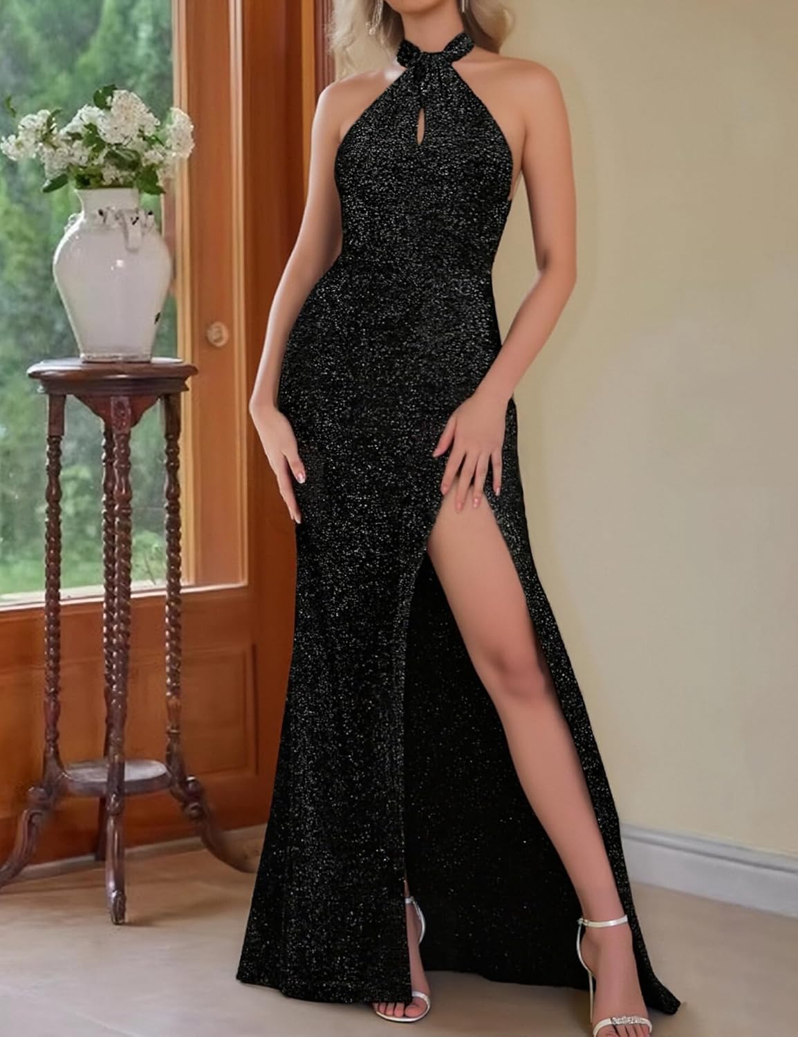 SHESEEWORLD Women Summer Sexy High Slit Sleeveless Halter Long Dress Backless Sparkly Wedding Guest Maxi Dress Evening Gown - Image 6