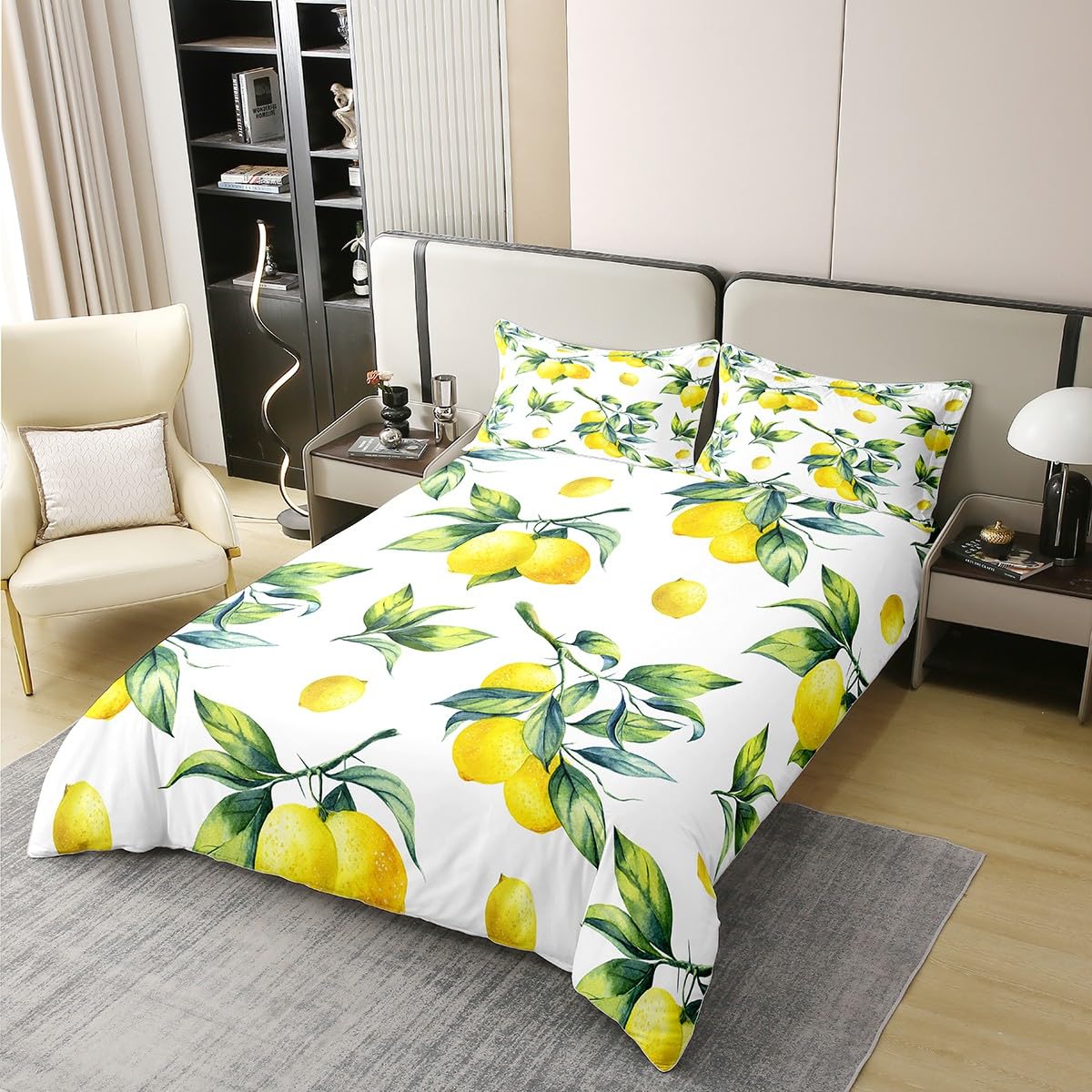 Loussiesd Zitrone 100% Baumwolle Bettwäsche Set 135x200cm Botanical Lemon Muster Betten Set Raum Dekorative Tropische Früchte Bettbezug Set Baumwolle für Schlafzimmer Gelb Grün Bettwäsche-Set