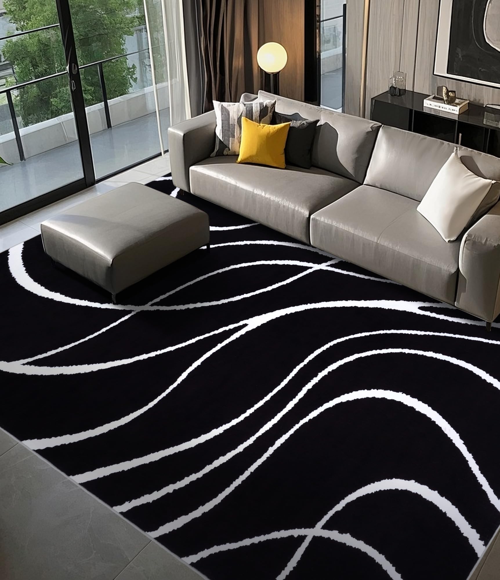 YIHOUSE Black Modern Area Rug 6x9,Abstract Rugs for Bedroom,Black and White Geometric Rug,Minimalist Striped Rug,Dark Washable Area Rugs 5x7 Non Slip