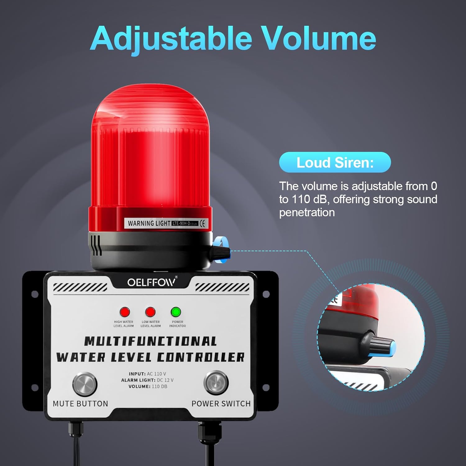 110 VAC High/Low Water Level Sensor Detector Alarm, Water Level Monitor with 110dB Sound & Light Sump Pump Alarm, Water Overflow/Level Warning System for Pond Water Tank Swimming Pool Basement