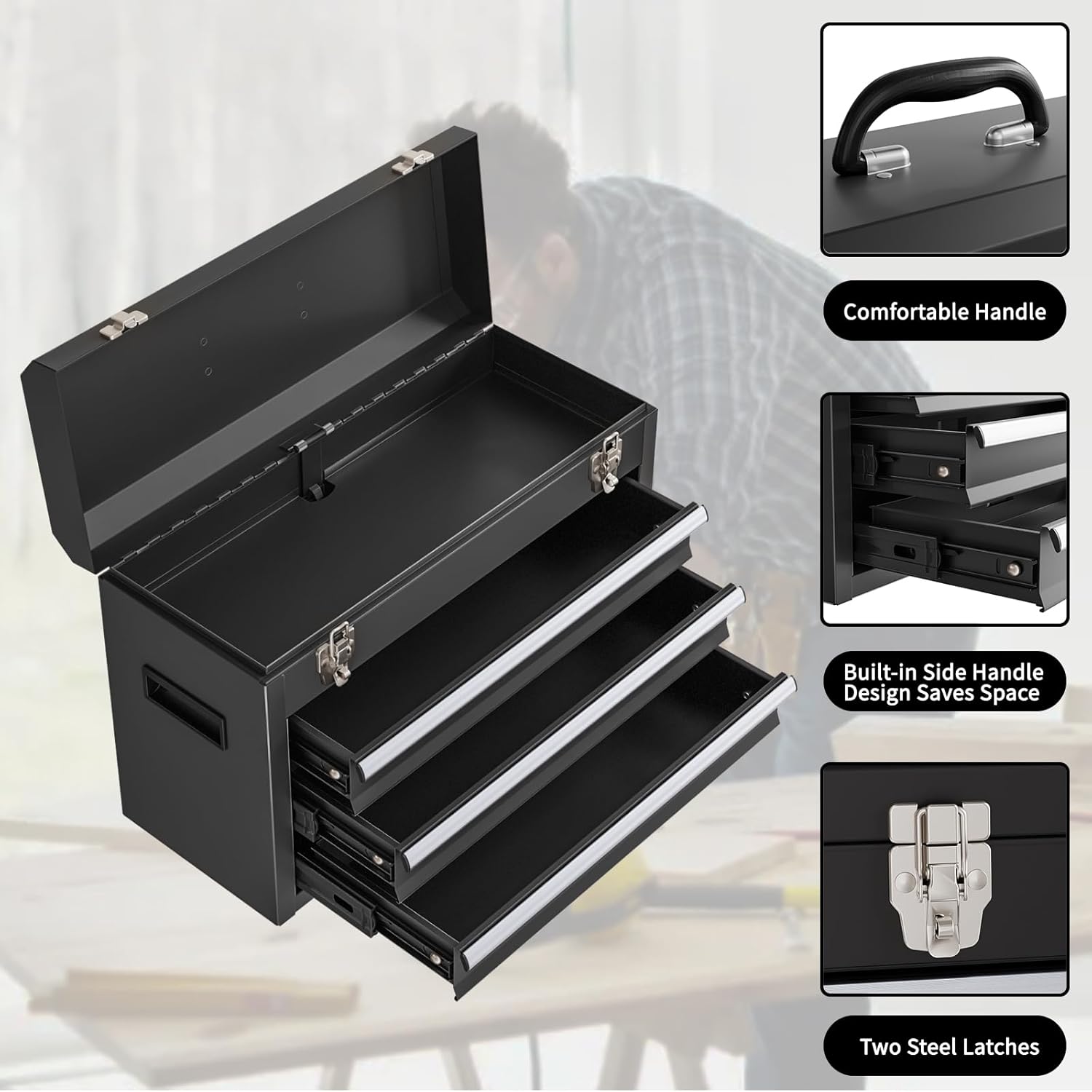 Portable Metal Tool Box, 3 Drawers Lockable Heavy Duty Tool Chest Storage Toolbox with Ball-Bearing Slides and 2 Metal Latches Closure for Garage, Workshop, Repair Shop (Black)