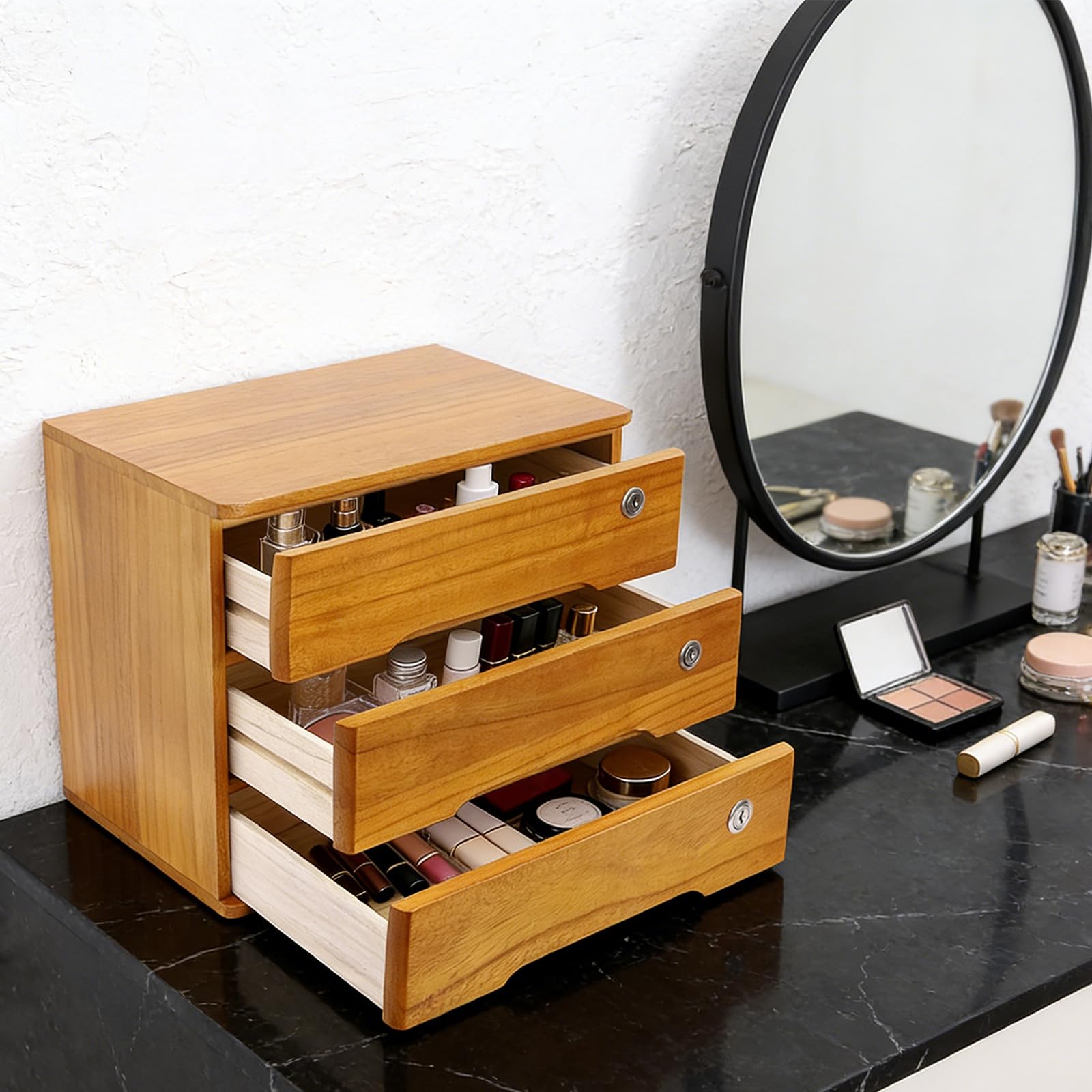 Cassettiera per cassetti, organizer da scrivania, in legno, con cassetti chiudibili, 40 x 28 x 31 cm, per ufficio e camera da letto