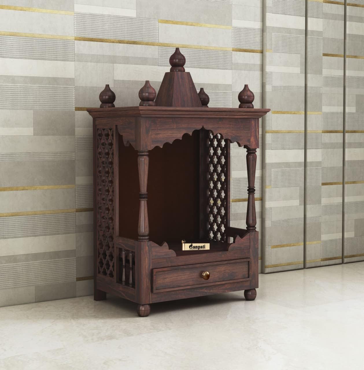 Ganpati Arts Solid Sheesham Wood Front Open Temple with 1 Drawer Storage Wooden Mandir for Home and Offices (Walnut Finish) 1 Year Warranty