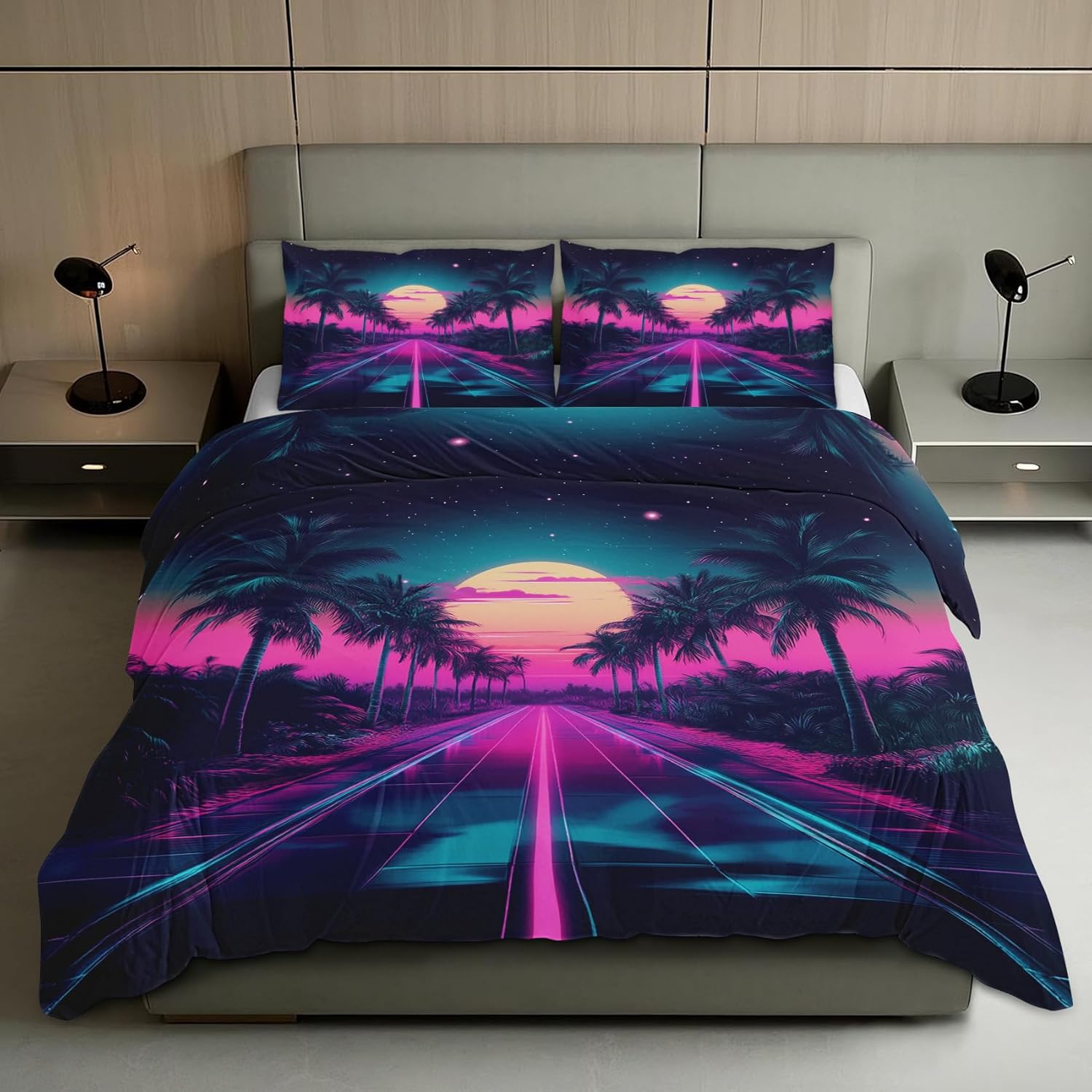 Vaporwave Duvet Cover Set Full - Coconut Tree Bedding Set with Zipper Closure, Neon Sunset Duvet Cover 3 Pieces, Soft Microfiber Comforter Cover with 2 Pillow Shams