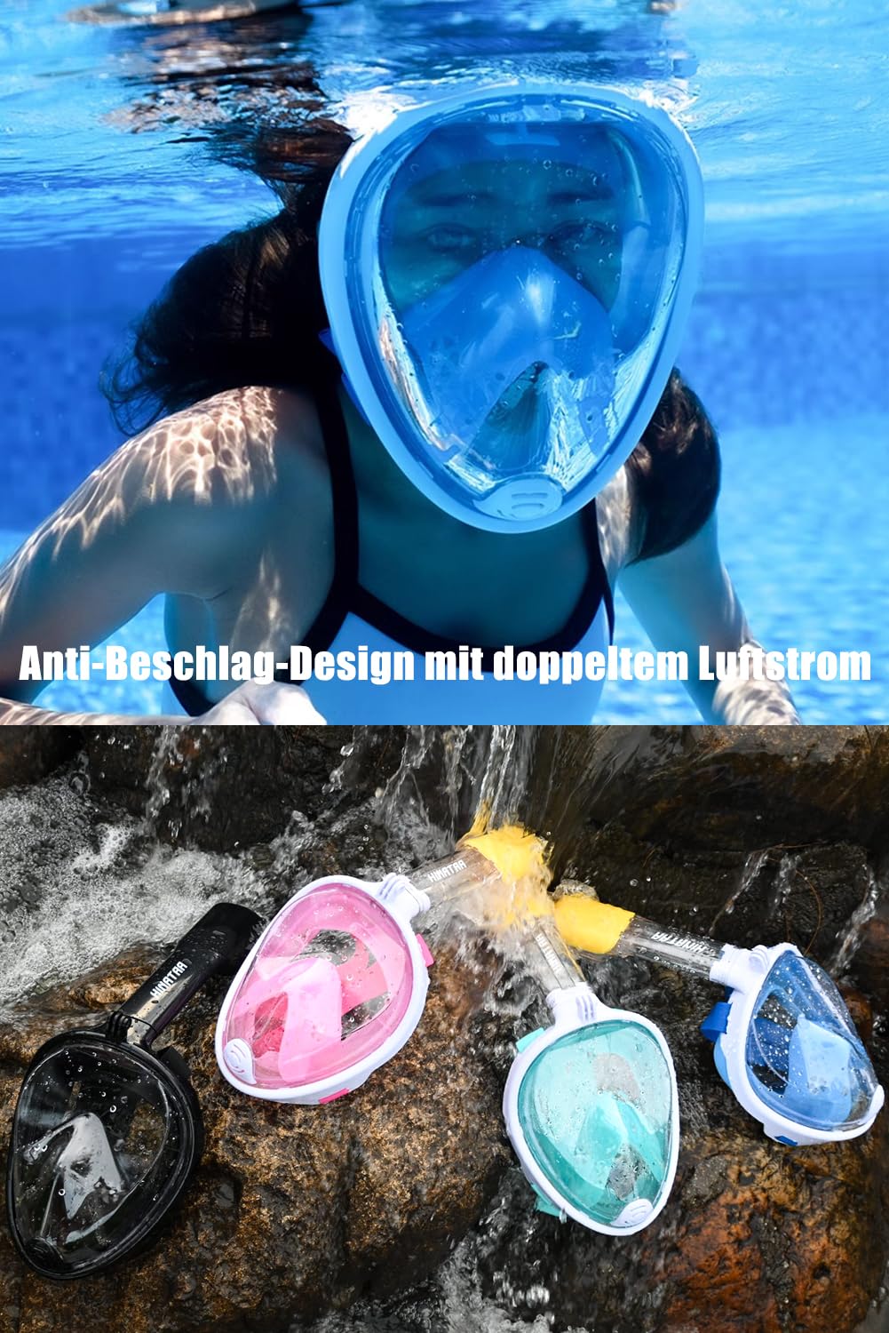Schnorchelmaske, 180° Vollgesicht, Tauchmaske, freies Atmen, Anti-Beschlag- und Anti-Leck-Technologie mit verstellbaren Kopfbändern für Erwachsene, Jugendliche, Kinder