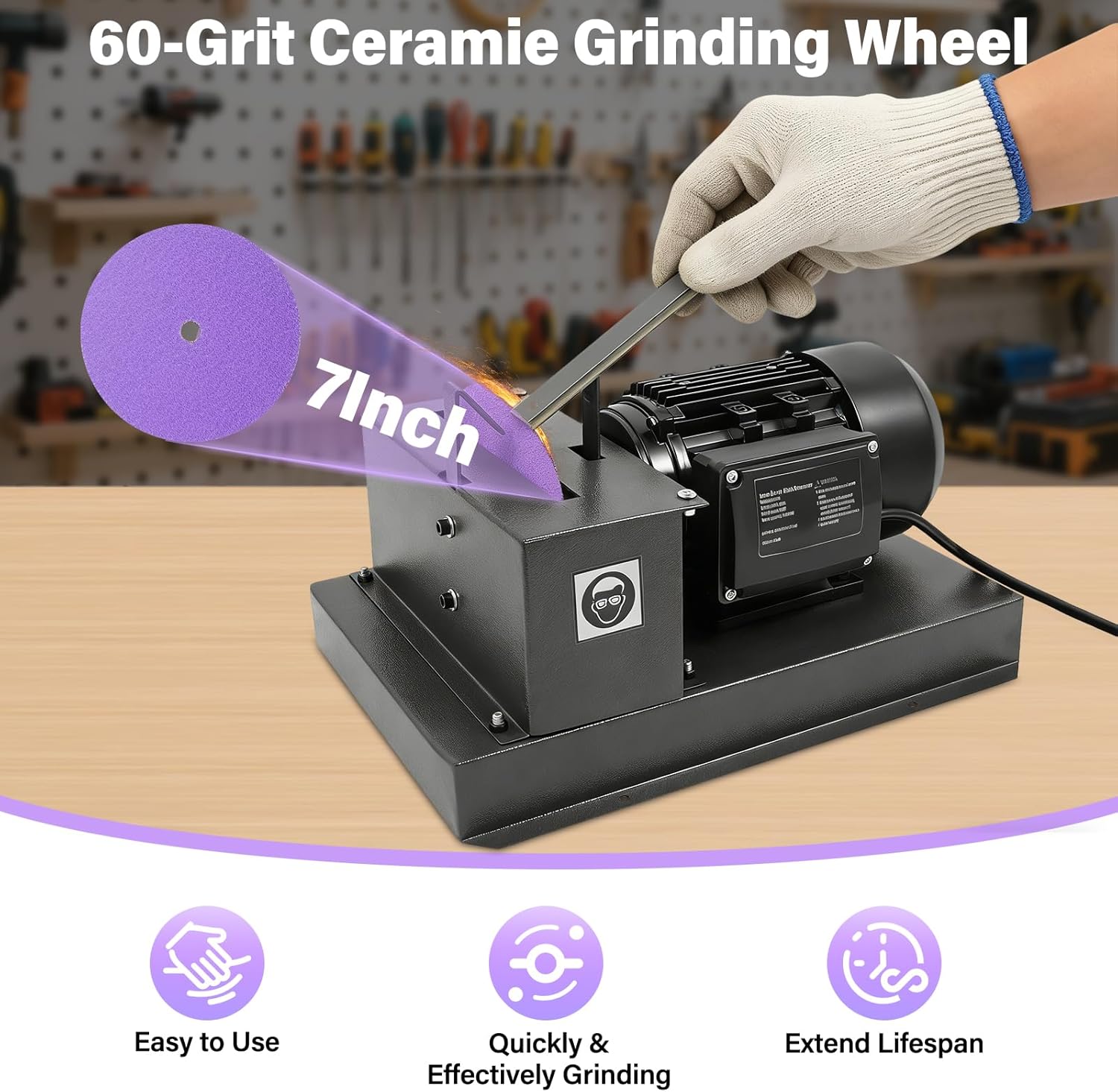 500W Lawn Mower Blade Sharpener, 2/3HP Electric Grinder with 7in Zirconium Corundum Wheel, 1700RPM for High-Lift, Low-Lift, Gator Blades