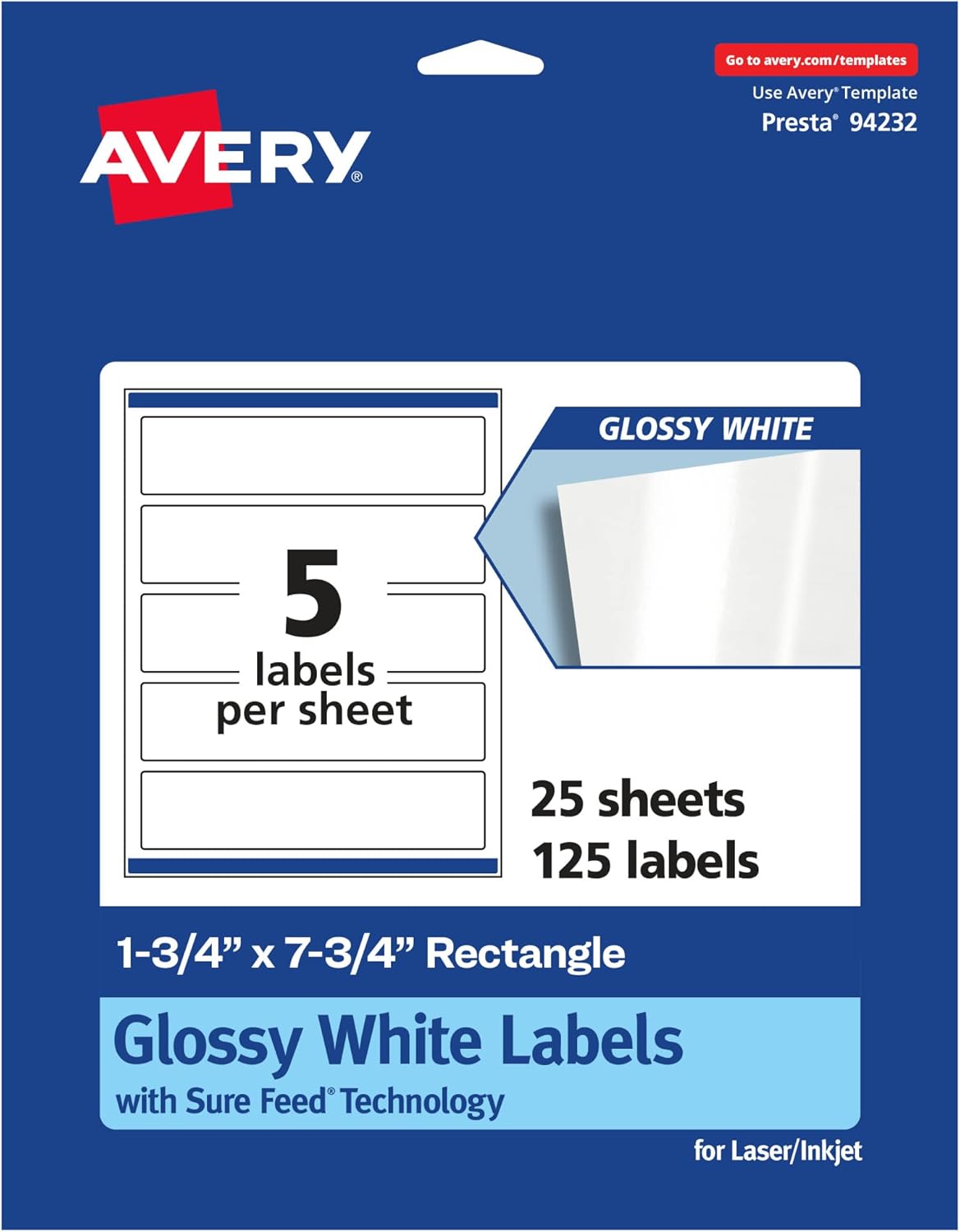 Avery Glossy White Rectangle Labels, Sure Feed Technology, 1.75" x 7.75", 125 Glossy White Labels, Print-to-The-Edge, Permanent Adhesive, Laser/Inkjet Printable