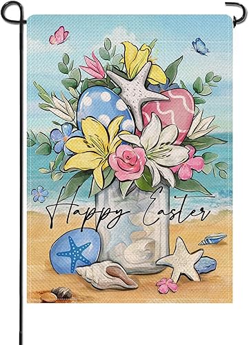 Artofy Tarro de albañil de playa con texto en inglés «Happy Easter», bandera decorativa para jardín, flores de lirio costero, huevos de Pascua,