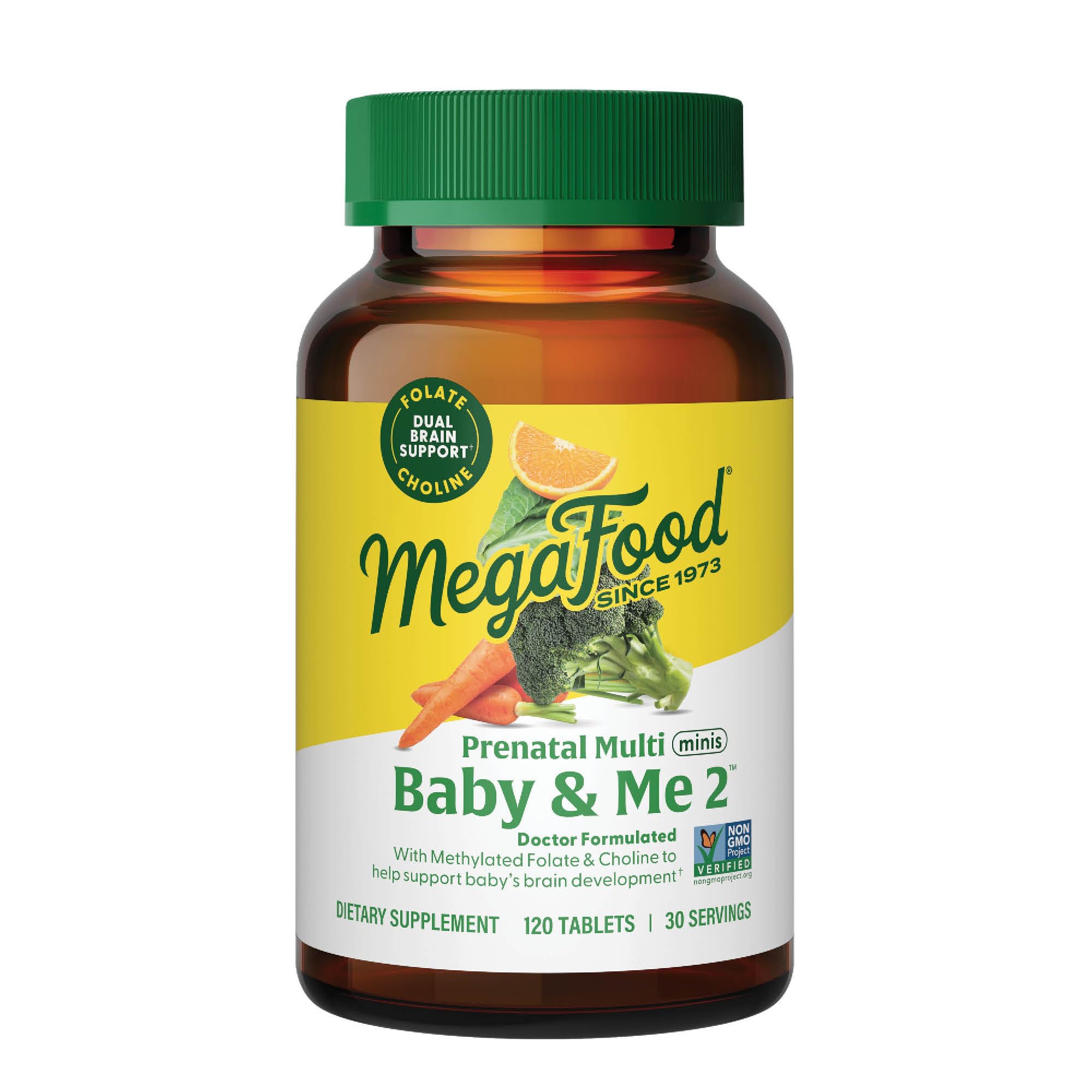 MegaFood Baby & Me 2 Prenatal Multi Minis - Prenatal Vitamins for Women with Choline & Methyl Folate - Gluten-Free, Vegetarian, Pre Natal Multivitamin for Women – 120 Minis Tablets, 30 Servings