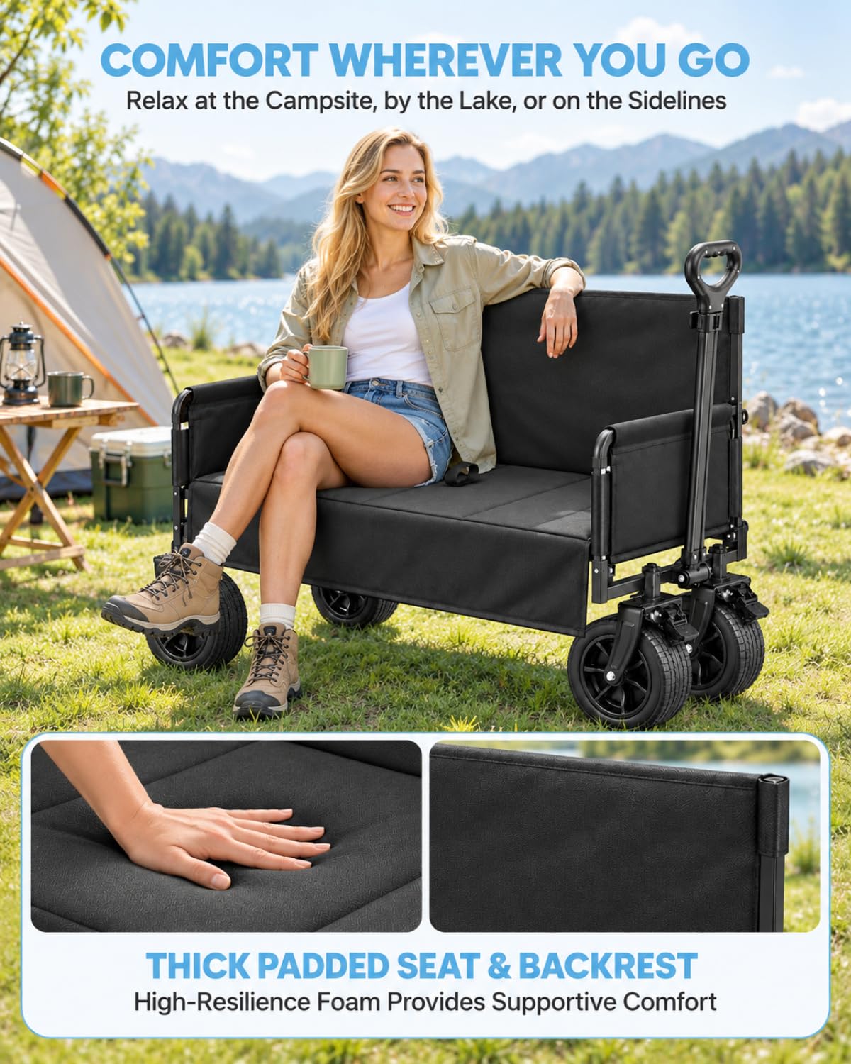 Carro plegable con asiento de banco, capacidad de 440 libras