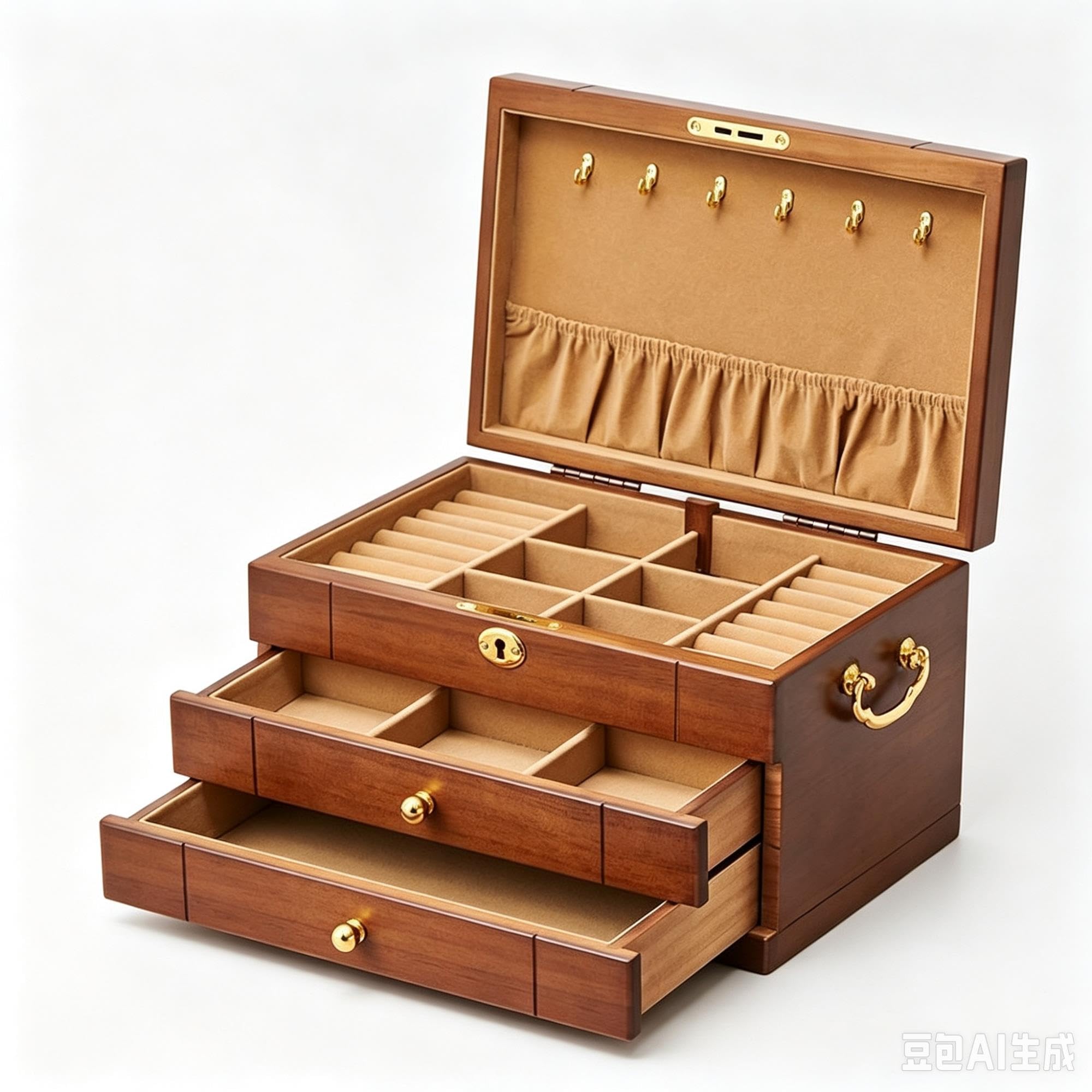Boîte à bijoux en bois pour femme, organiseur en bois massif en bois for femmes avec serrure, avec miroir, for bijoux, colliers, bagues, compartiments à bagues, crochets de collier