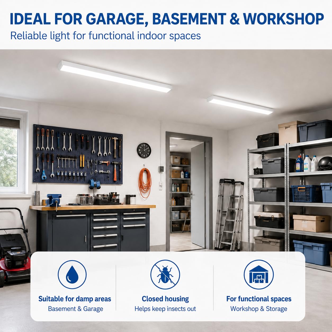 BrightFly Lampada a LED per ambienti umidi, 30 W, striscia luminosa a LED da 1,2 m, 4 pezzi, luce bianca fredda super luminosa, 6500 K, con spina europea, ideale per garage, cantina, officina