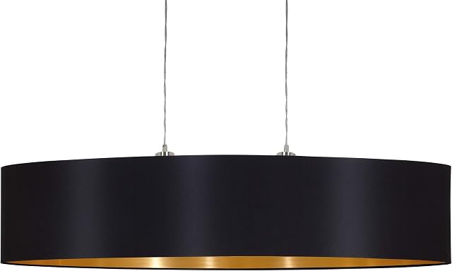 EGLO Maserlo pendant lamp, 2-flame textile pendant light, oval hanging light made of steel and fabric, Colour: Matt nickel, black, gold, Socket: E27, L: 100 cm/39.3 inches