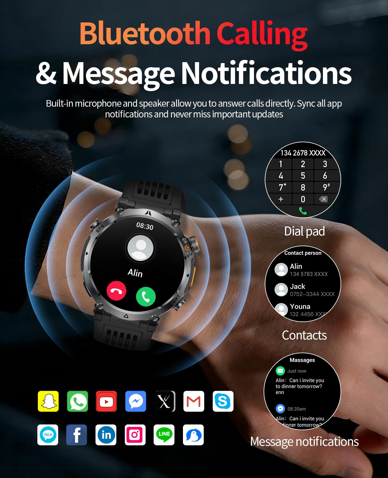 Orologio sportivo GPS da uomo, con schermo HD da 1,7 pollici, torcia a LED, durata della batteria 850 mAh, modalità multi-sport, cardiofrequenzimetro, Bluetooth, chiamate, smartwatch militare per