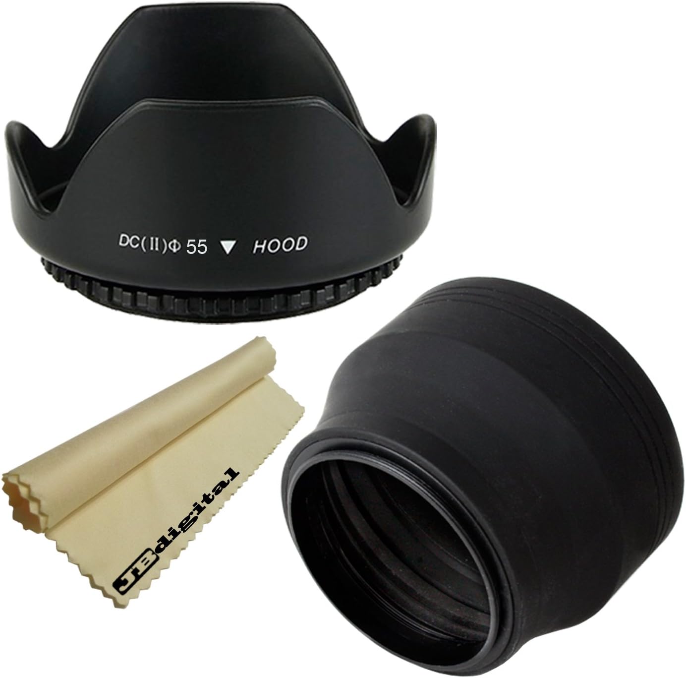 55mm Soft Rubber Lens Hood & Flower Tulip Lens Hood for Digital Camera Lens with 55mm Filter Thread + Super Fine JB Digital Microfiber Cleaning Cloth