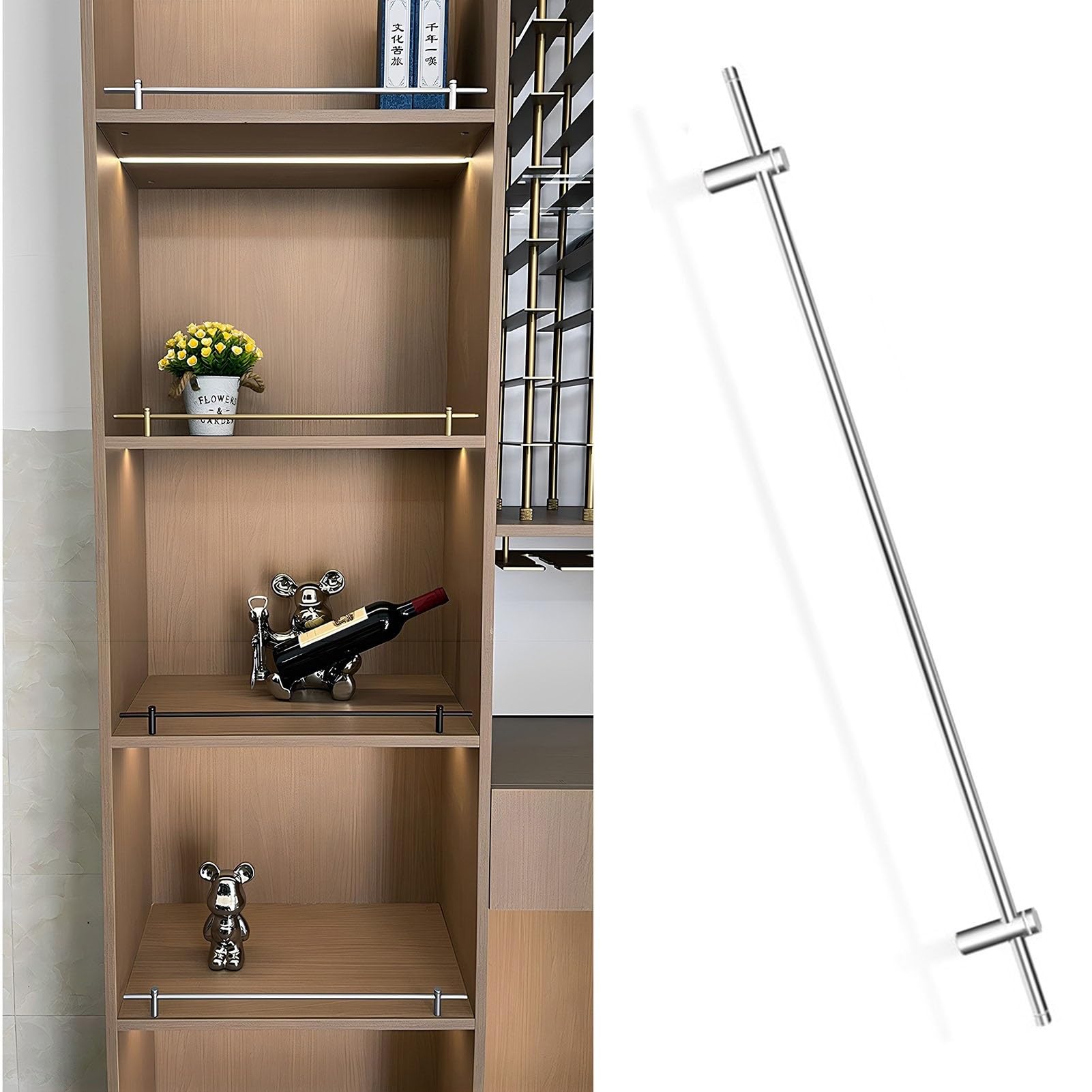 MESCXTY Metal Shelf Fall Protection Guard Rail, 14~42 Inch Long Decorative Tipping Rail Set for Wood/Gallery Shelves, Bookshelf, Shoe Racks, Cabinets Guardrail Bar(Silver-8 Pack,23in/58cm)