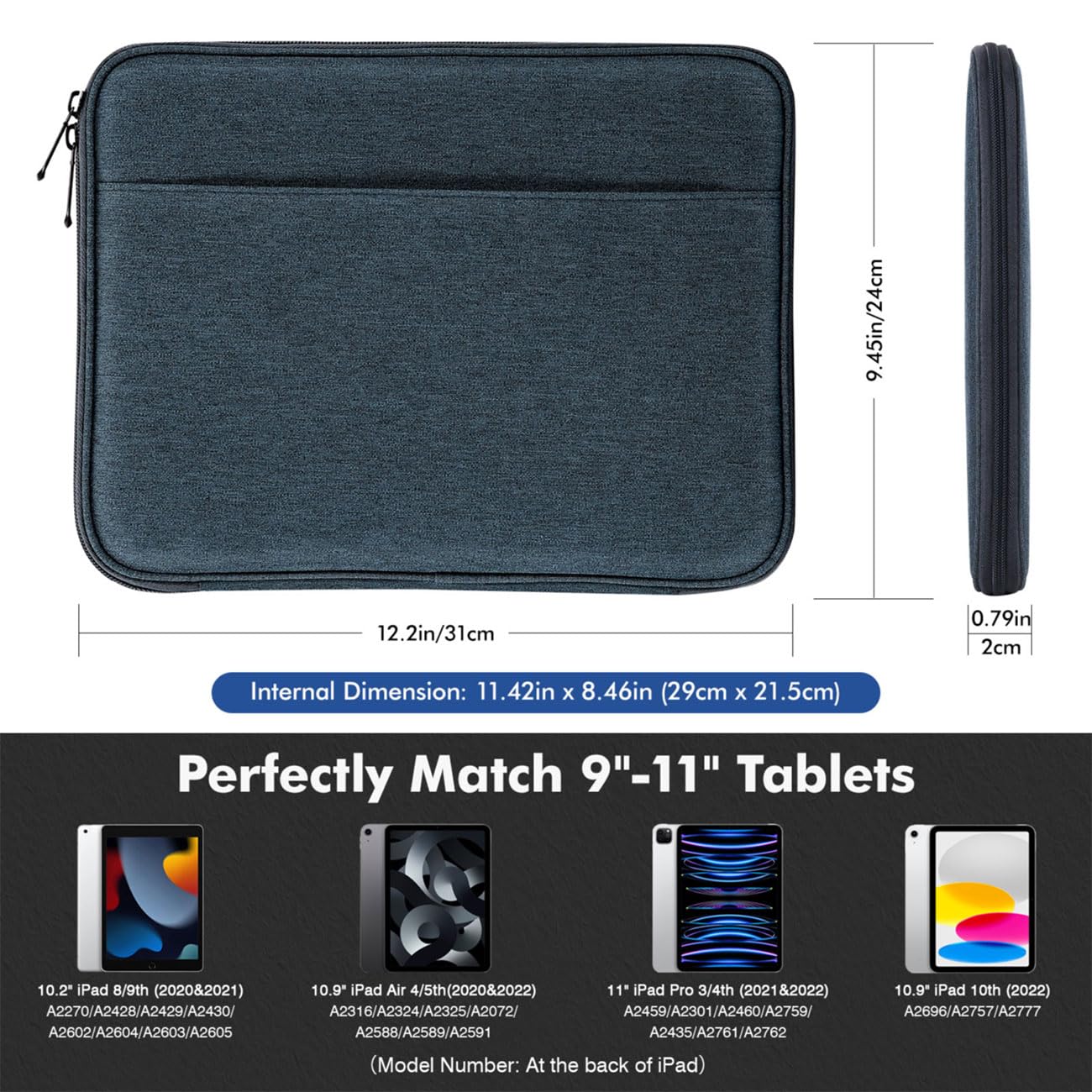 MoKo 9-11 Inch Tablet Sleeve, Protective Carrying Bag with Two Compartments Fits New iPad Air/Pro 11 inch 2024, iPad Air 5/4th 10.9, iPad 9/8/7th 10.2, iPad 10th 10.9, Tab S8/S9 11, Indigo