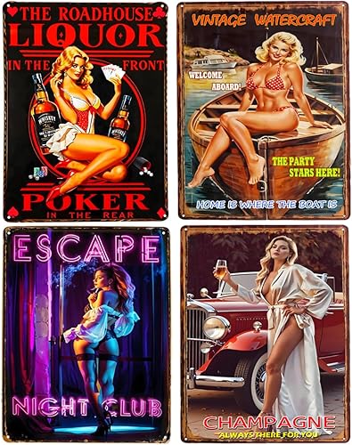 Pin-up Girl Liquor In The Front Poker In The Trear, cartel de metal vintage Rojo -,Servicio de Auto,Baño,Servicio Completo,Car Service,Garage
