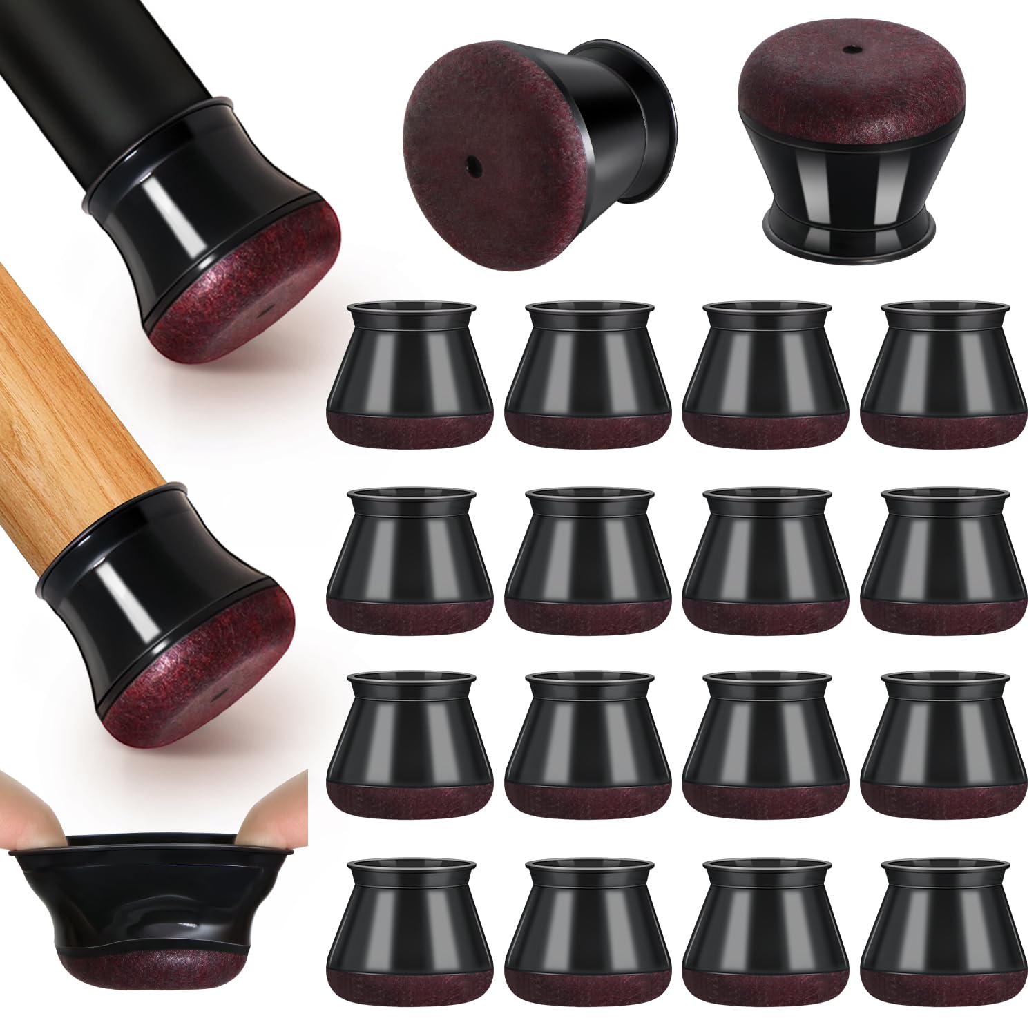 16 Pcs Chair Leg Floor Protectors,Black Silicone Chair Leg Covers Caps for Hardwood Floors with Wrapped Felt Furniture Feet Protectors Pads (Fit:30.1-40mm)