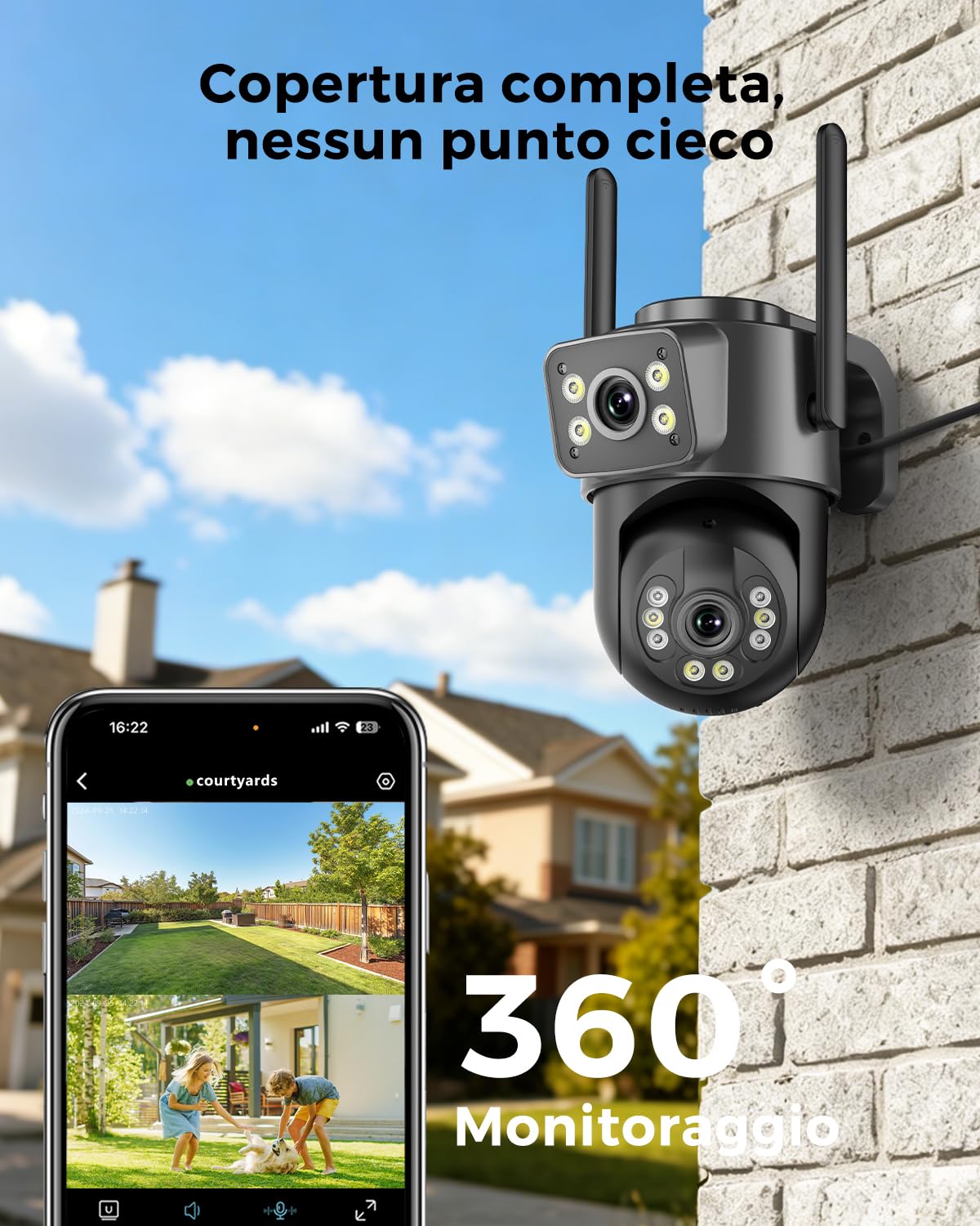 Reobiux 2K Telecamera Wi-Fi Esterno, 360° PTZ Videocamera Sorveglianza Esterno con Doppia Lente, Colori Visione Notturna, Tracciamento Automatico, Registrazione 24/7, IP66