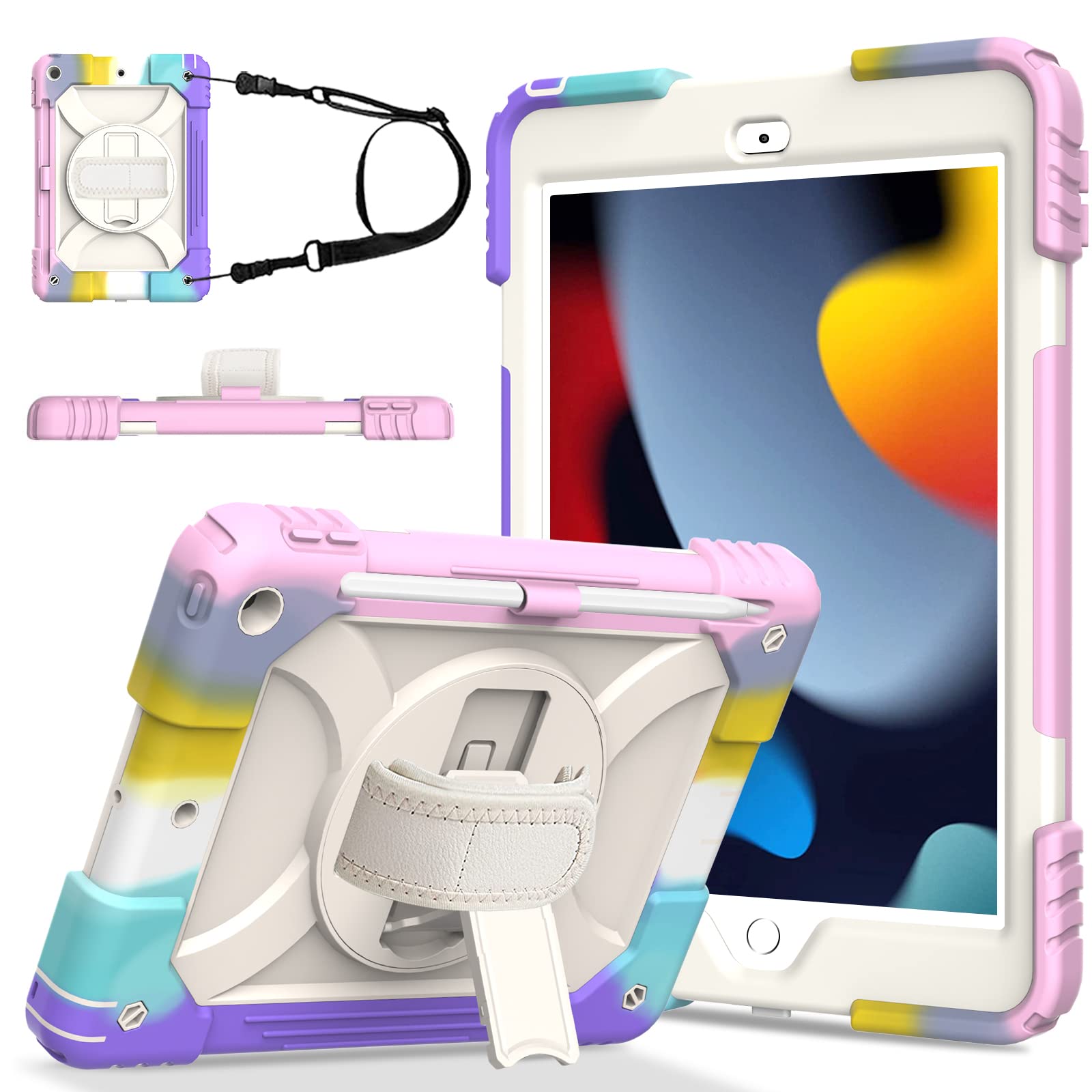 LTROP Case for iPad 9th/8th/7th Generation 10.2 Inch (2021/2020/2019) [ShoulderStrap][Pencil Holder][Swivel Stand], Protective Cover for iPad 9/8/7 Gen 10.2” - Multicolor/Beige