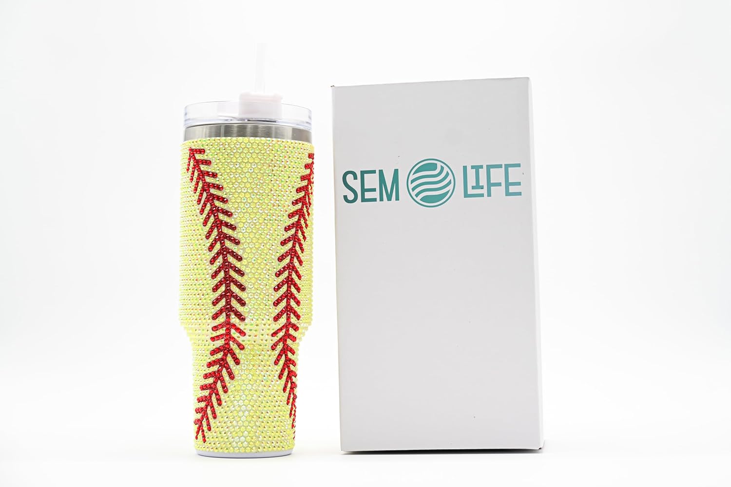 40 Oz Rhinestone Bling Tumbler with Handle and Straw (YELLOW SOFTBALL), Stainless Steel and Double Wall Insulated - Image 3