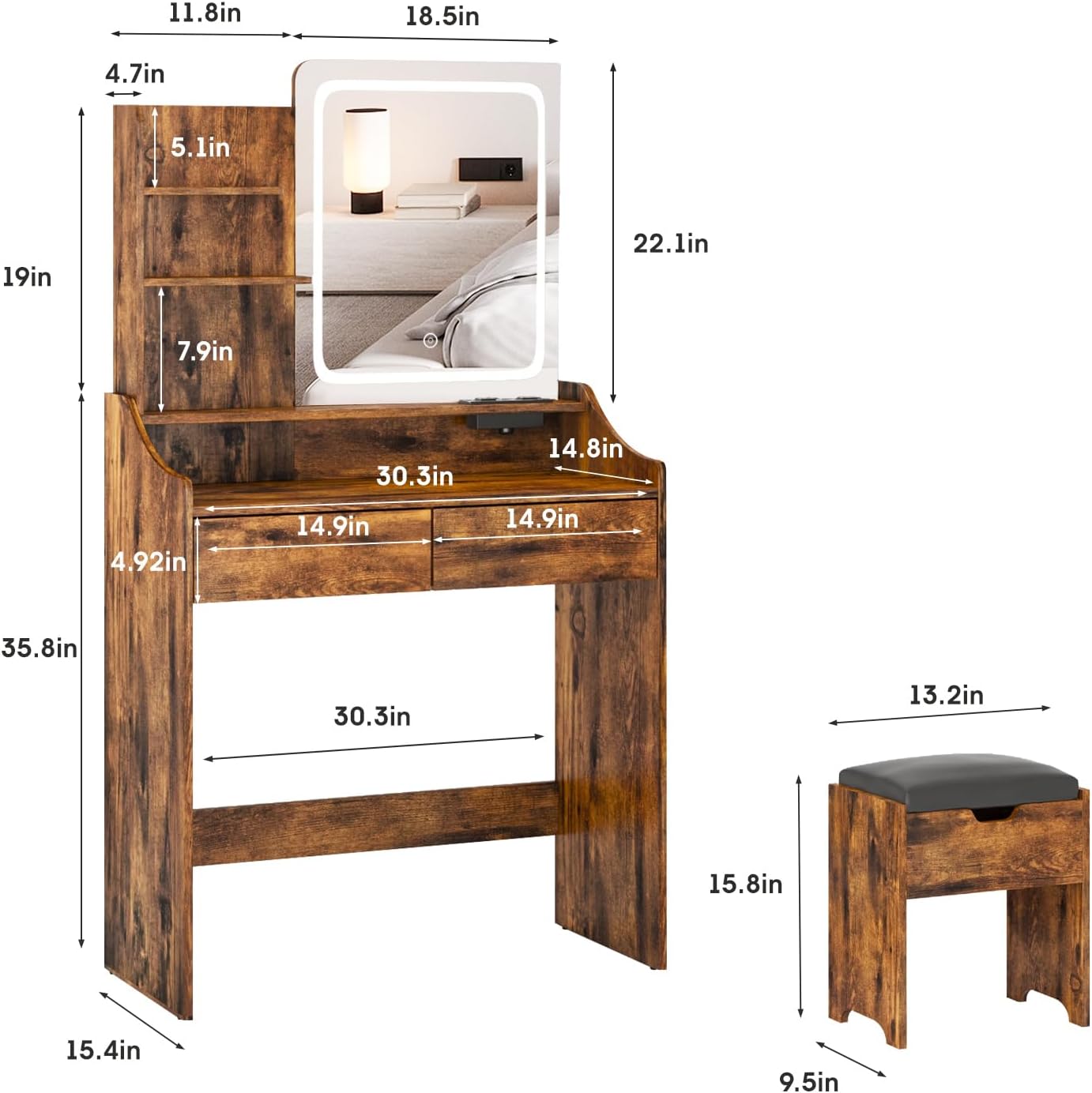 Vabches Vanity Desk with LED Light Mirror and Charging Station 30.3in, Small Vanity Set with 4 Storage Shelves 2 Drawers, Vanity for Girls Women with Storage Stool, Vanity Table for Bedroom (Brown)