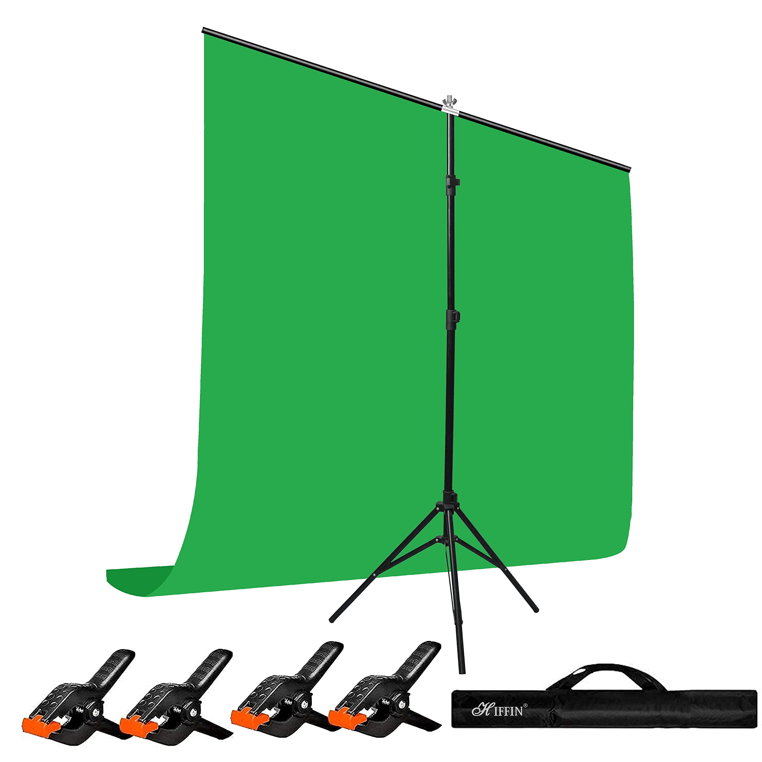 HIFFIN® Green Screen Backdrop 6x10 ft with Stand -6x9FT Photography Backdrop with 1PC 6.5FT T-Shape Backdrop Stands, 4PCs Spring Clamps, 1PCs Carry Bag
