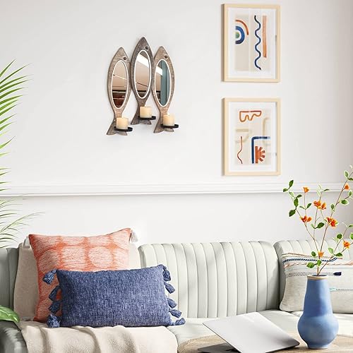 Miniatura 3 de Asense Candelabros decorativos de pared para decoración de pared, portavelas decorativo de metal y madera, decoración rústica para sala de estar,