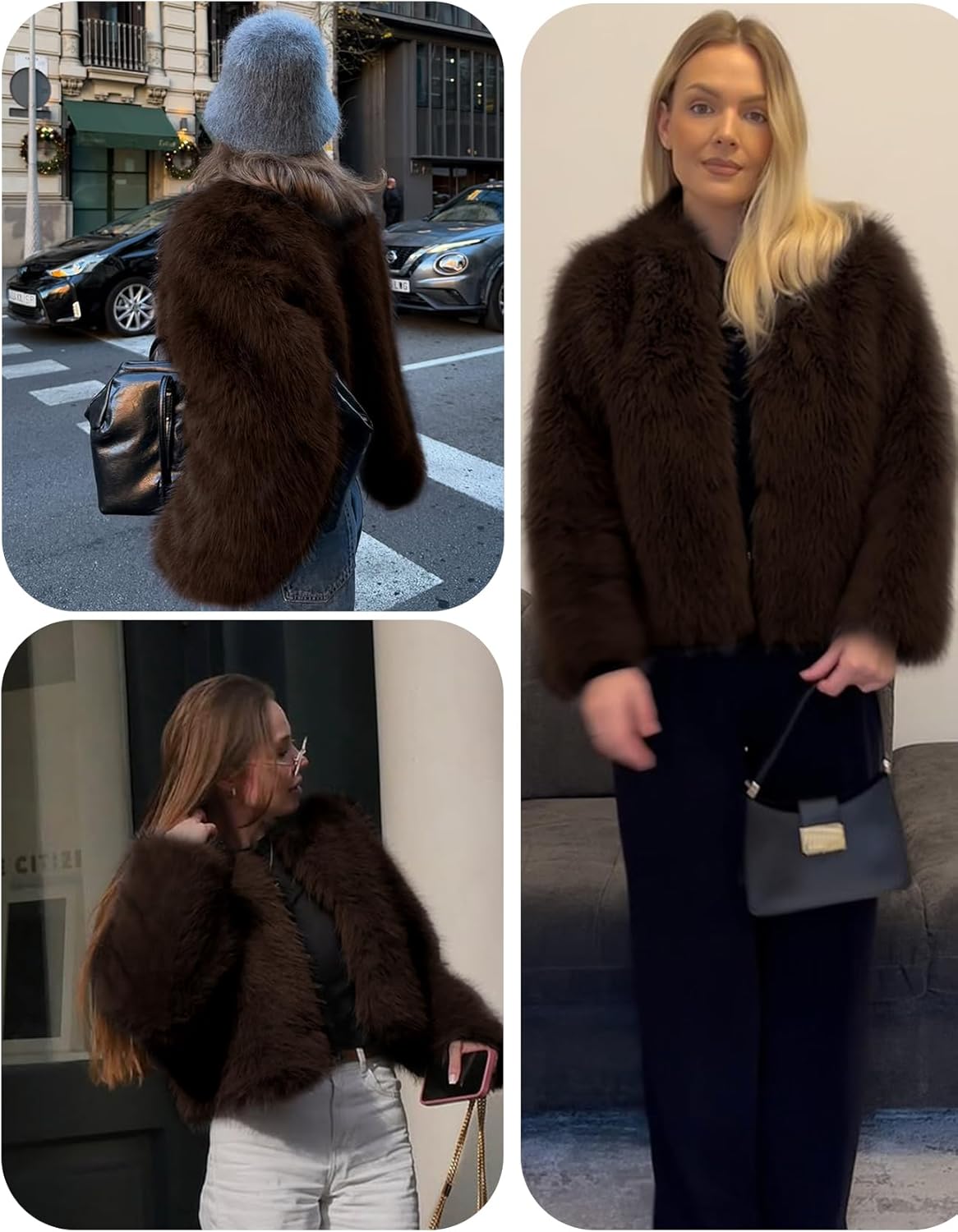 Shiyifa Women's Faux Fur Coat Long Sleeve Fleece Cropped Jacket Open Front Shaggy Warm Short Fall Winter Outerwear(Coffee-L) - Image 5