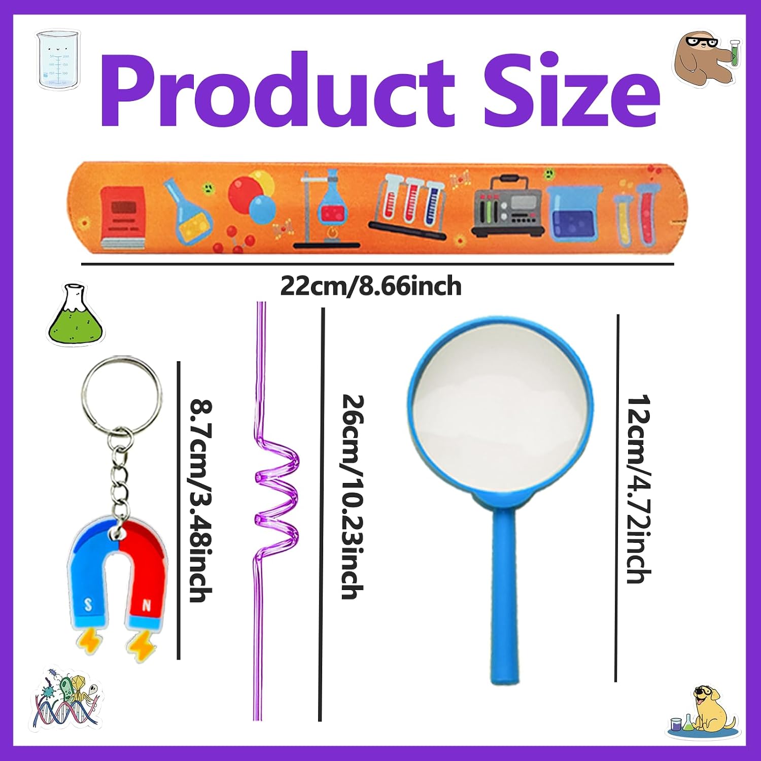111PCS Science Party Favors Set, Lab Birthday Decorations Including Slap Bracelets, Keychains, Gift Bags, DIY Stickers, Drinking Straws, Science Birthday Supplies