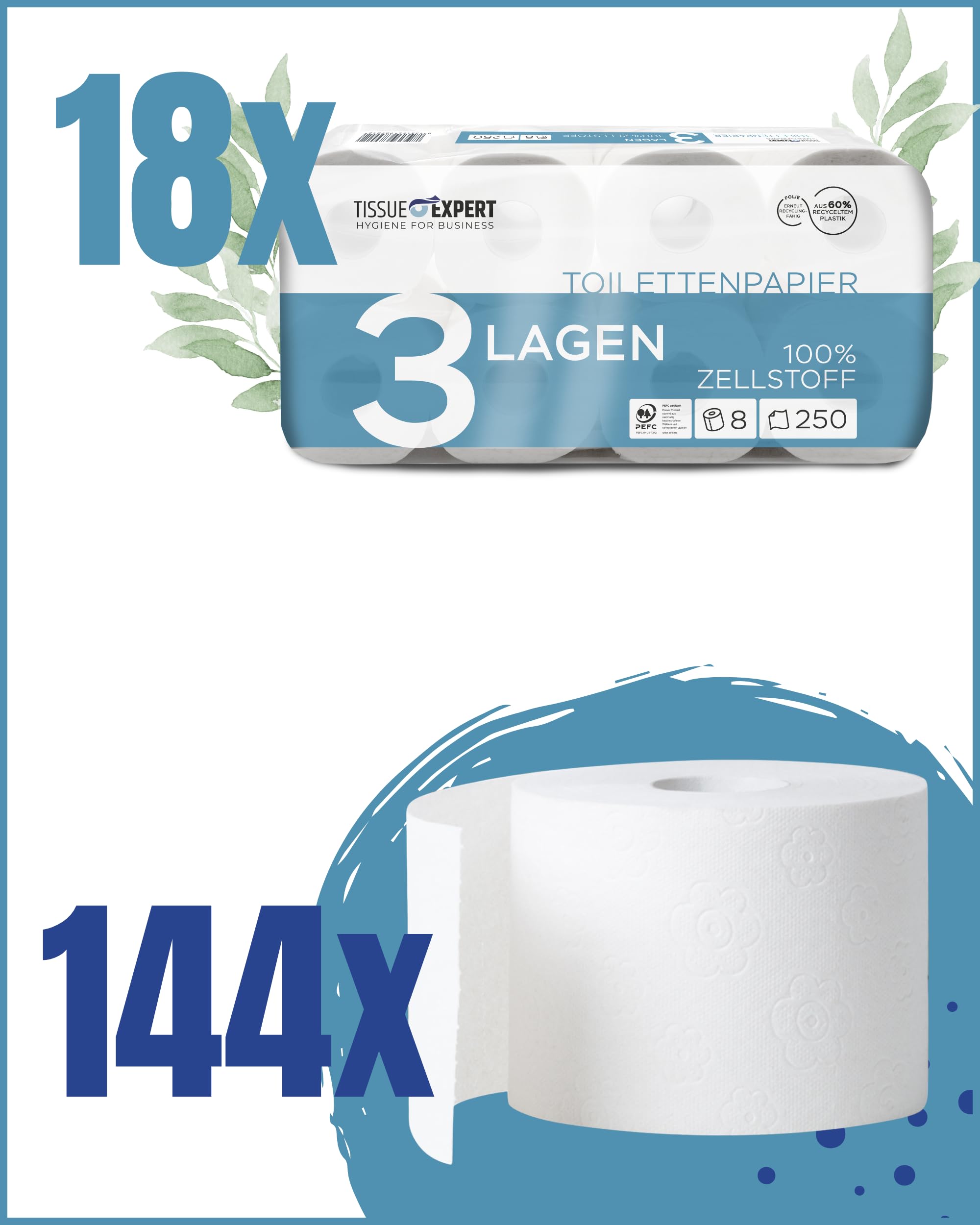 Carta igienica, 3 strati, 144 rotoli x 250 fogli, 100% cellulosa, carta igienica super morbida, confezione grande per uso commerciale, carta igienica, confezione da 60% PCR (144 rotoli)