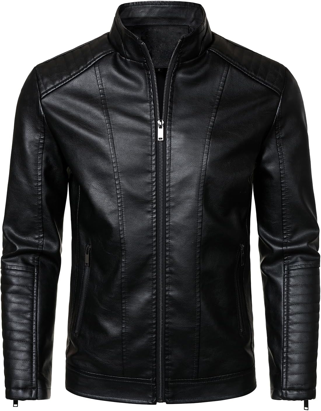 HOOD CREW Men’s Stand Collar Leather Jacket Motorcycle Jackets Faux Leather Biker Coats Lightweight Outwear