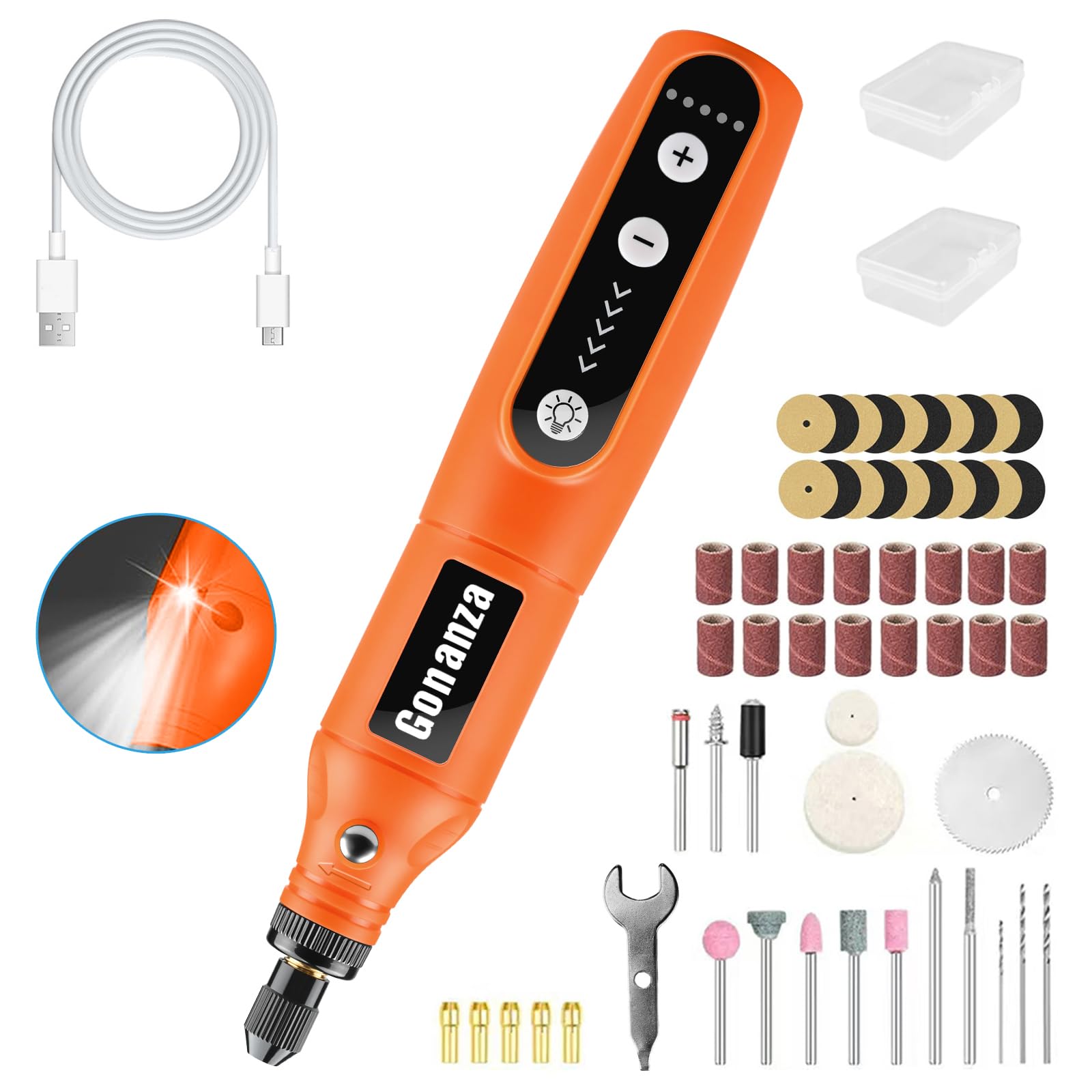 GONANZA Kit de herramientas giratorias inalámbricas de 5 velocidades con 62 accesorios, mini herramienta giratoria multiusos de 3.7 V para grabar, lijar, pulir, taladrar y moler | Carga USB tipo C |