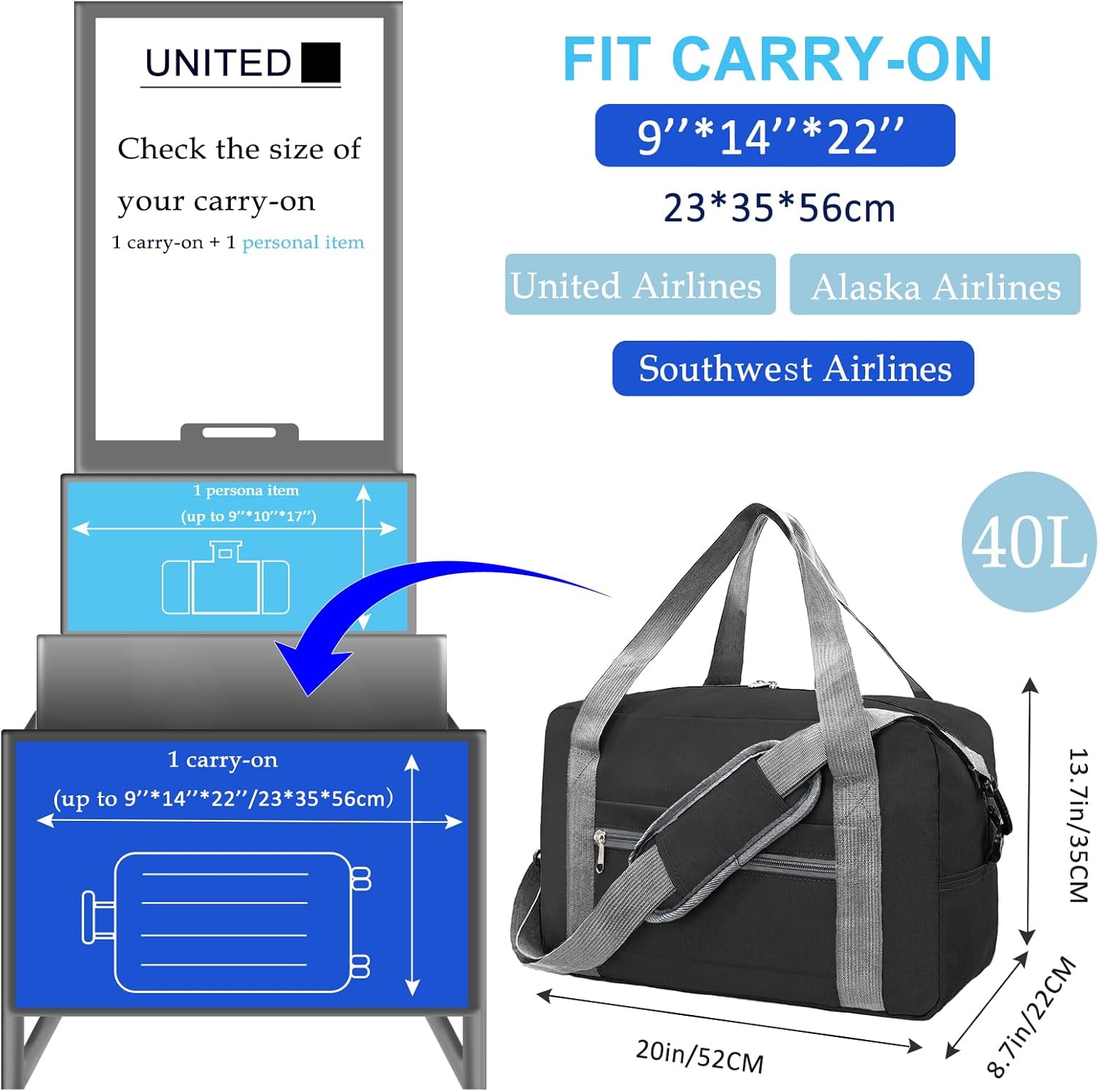 Foldable Carry on Luggage Bag 22x14x9 Personal Item Bag for Airplanes Travel Duffel Bag for Women and Men (40L, Black) - Image 2