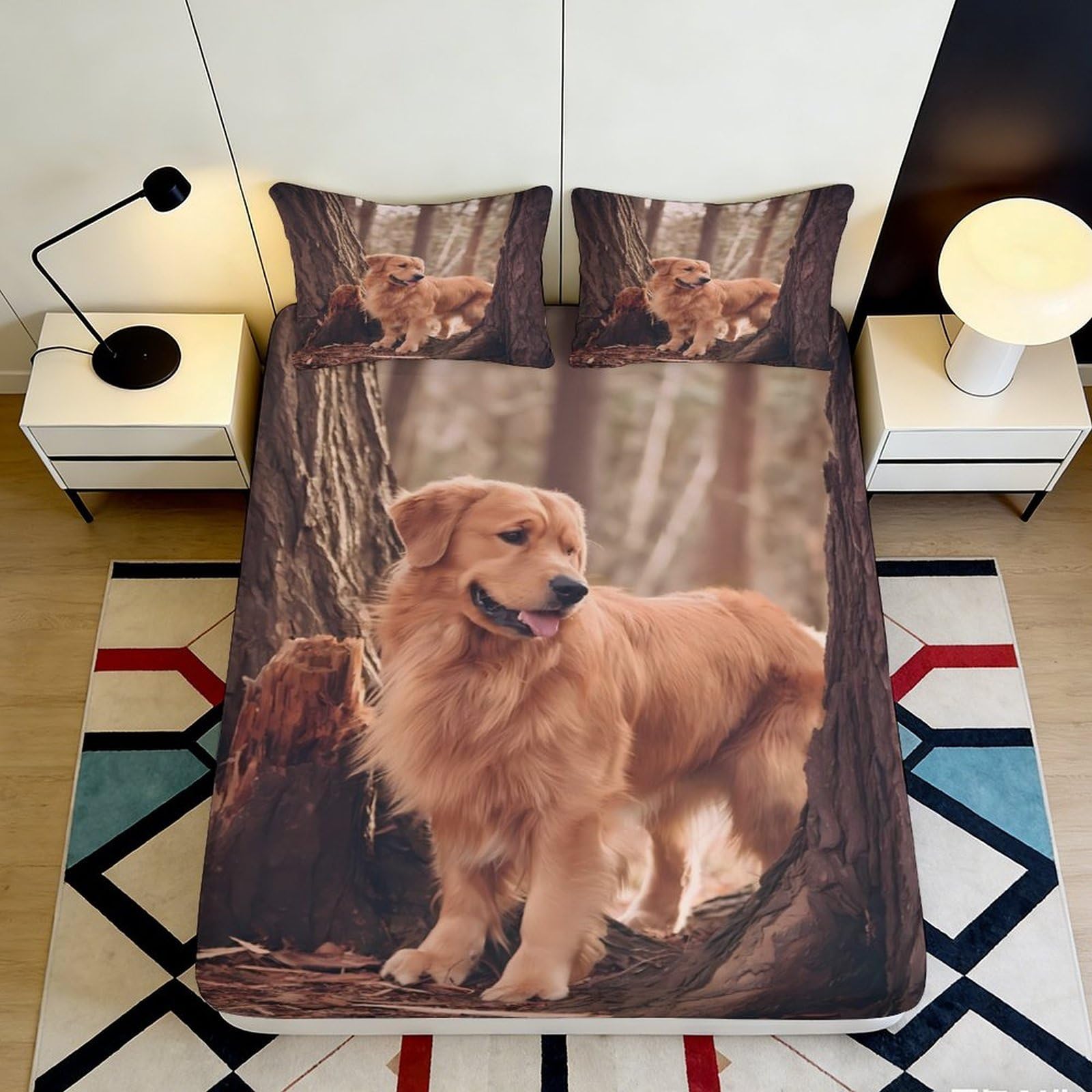 Pnayamiorkfel Style-2 3D Printed Golden Retriever Forest Fitted Sheet Microfiber Soft Bed Cover Non-Slip Washable Bedroom Decor 90X200x25cm